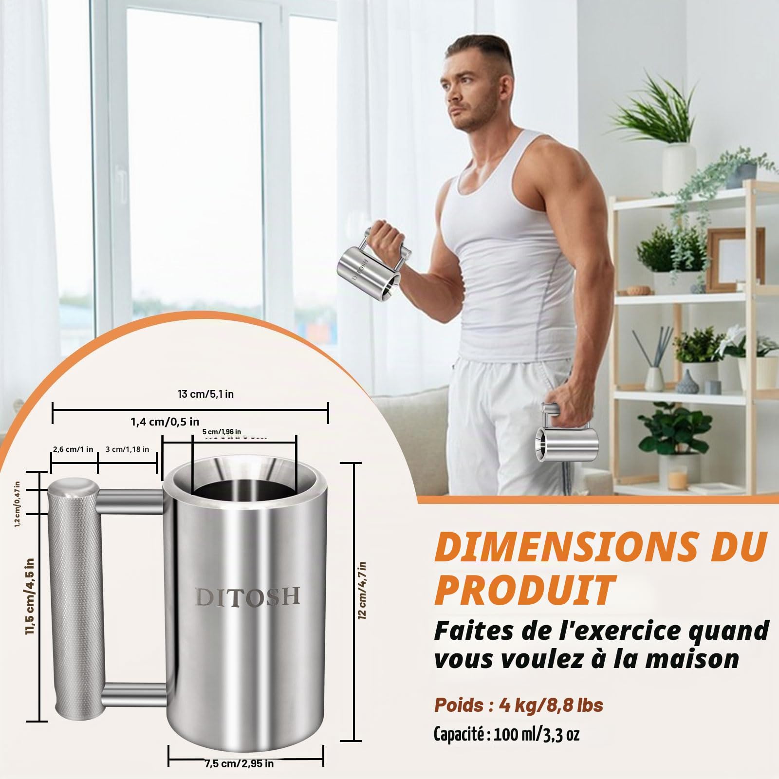 4kg/8.8lb Heavy Coffee Mug Challenge 304 Stainless Steel Dumbbell Cups Silver Overweight Sports Water Cup for Fitness Training Arm Strength Prank Gift Home Gym Workout Equipment 100ml/3.4oz