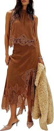 Women Satin 2 Piece Maxi Skirt Set Lace Trim Backless Tank Top Silk Slip Long Skirt Asymmetrical Outfits