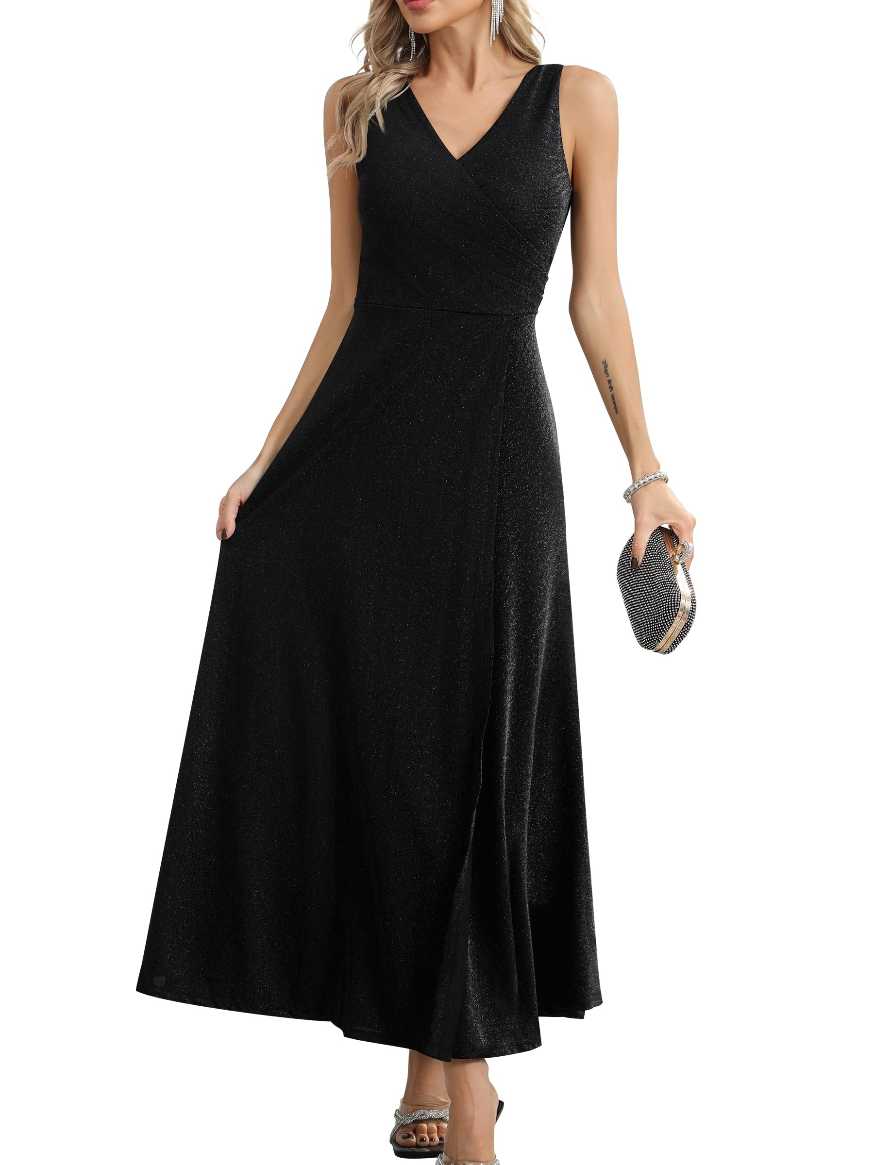 Missufe Abito da donna, elegante, da sera, da cocktail, da ballo, con scollo a V, con spacco