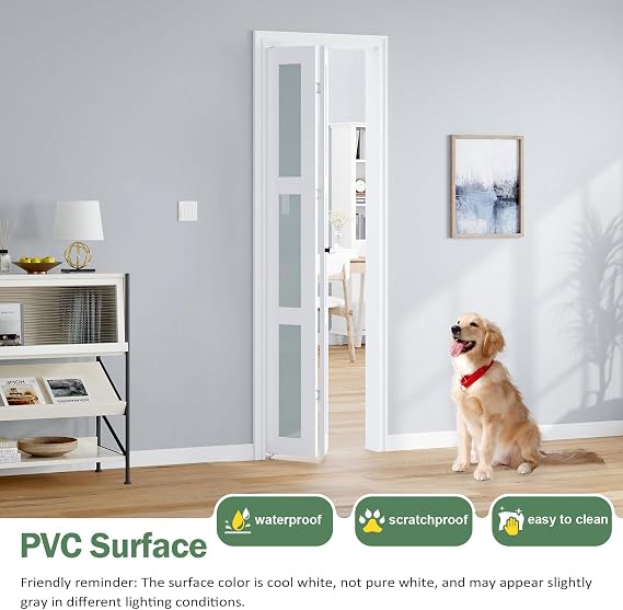Bifold Doors for 2480-3/4 Opening, Preassembled White Frosted Glass Folding Barn Door, Sliding Interior Wood Panel Closet Bifolding Door with Concealed Hardware Kit Included