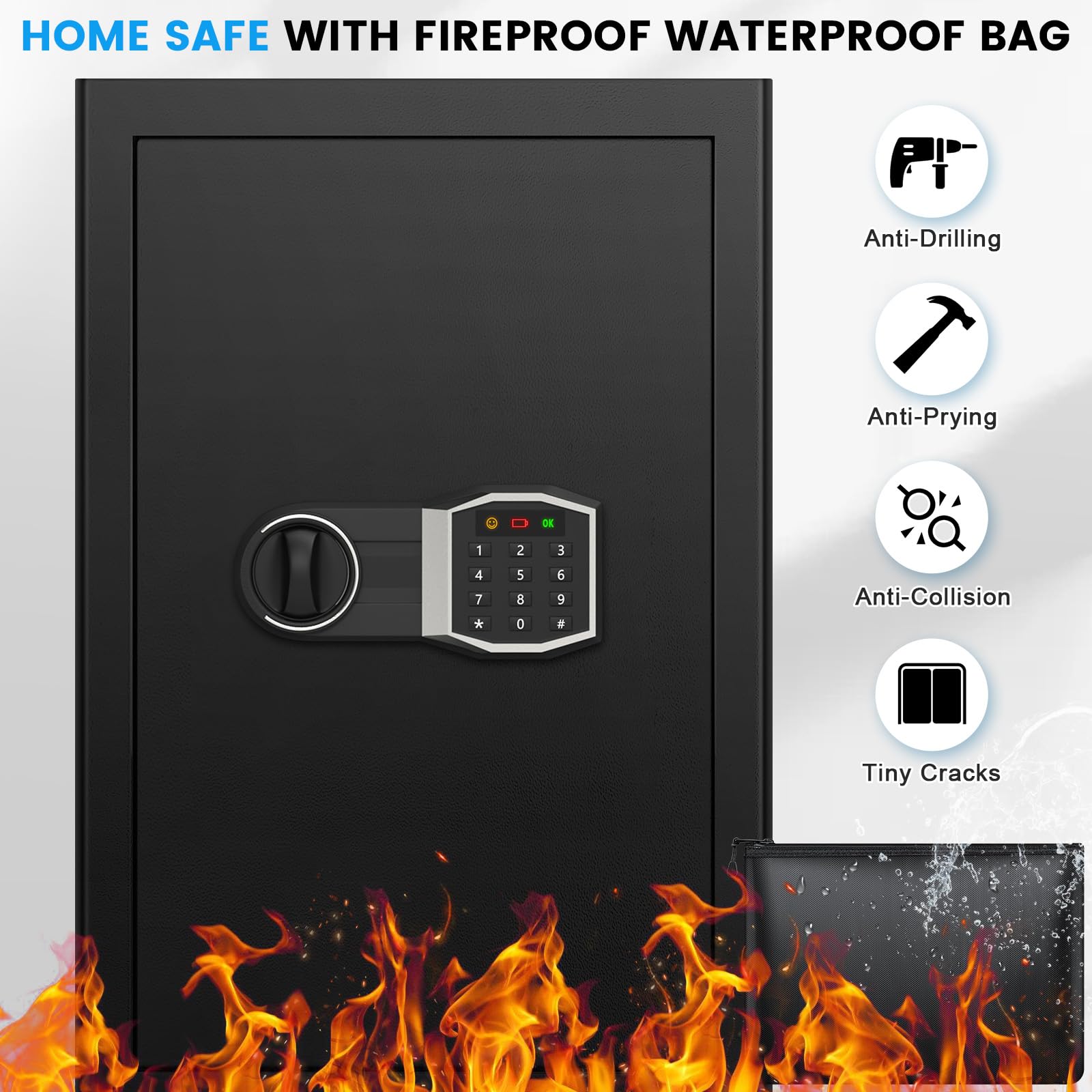 Seguro Hogar Teclado Caja Fuerte Hogar 1.0 Cúbicos - Ignífuga Impermeable Digital - Teclado Y Llaves Repuesto Caja Seguridad Impermeable