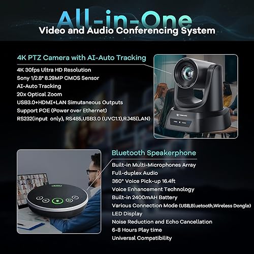 Miniatura 4 de TONGVEO Sistema de cámara de conferencia PTZ de seguimiento automático 4K AI con altavoz Bluetooth y micrófono, zoom óptico 20X, cámara de potencia