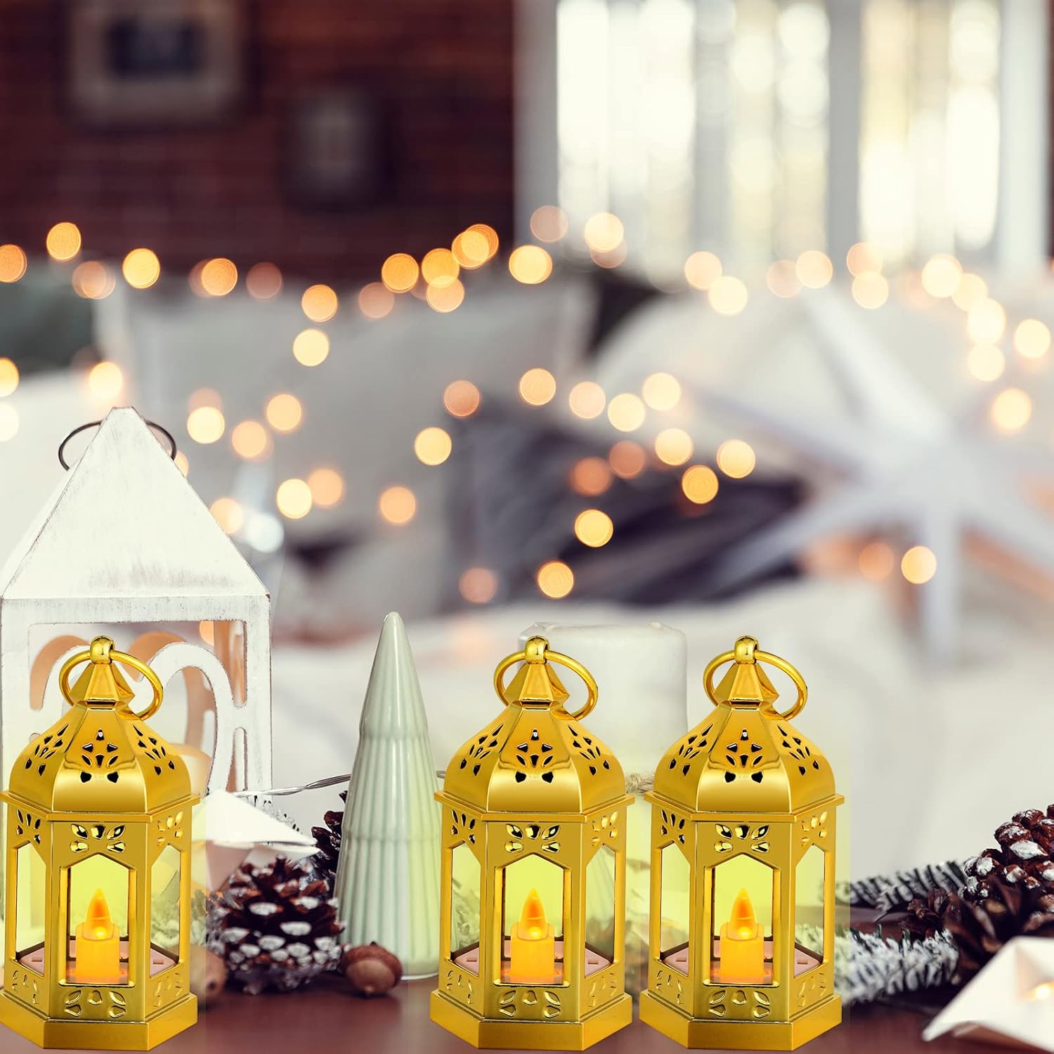Hortsun 24 Pcs Ramadan Lantern Mini Vintage Lanterns with LED for Wedding Table Centerpiece with Flickery Candle Battery Powered Festival Hanging Tealight Christmas Party Decoration Supplies(Glitter)