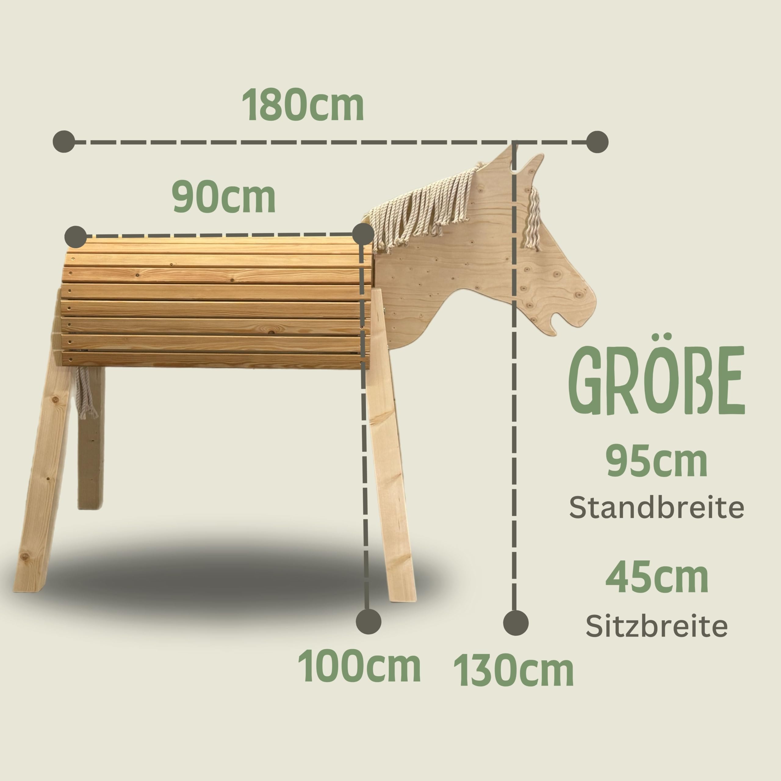 Wolle 100cm für draußen Reitpferd Garten Voltigierbock für Kinder, Stehpferd groß, Gartenpferd handgefertigt aus Deutschland, Voltigierpferd Holzpony mit Mähne