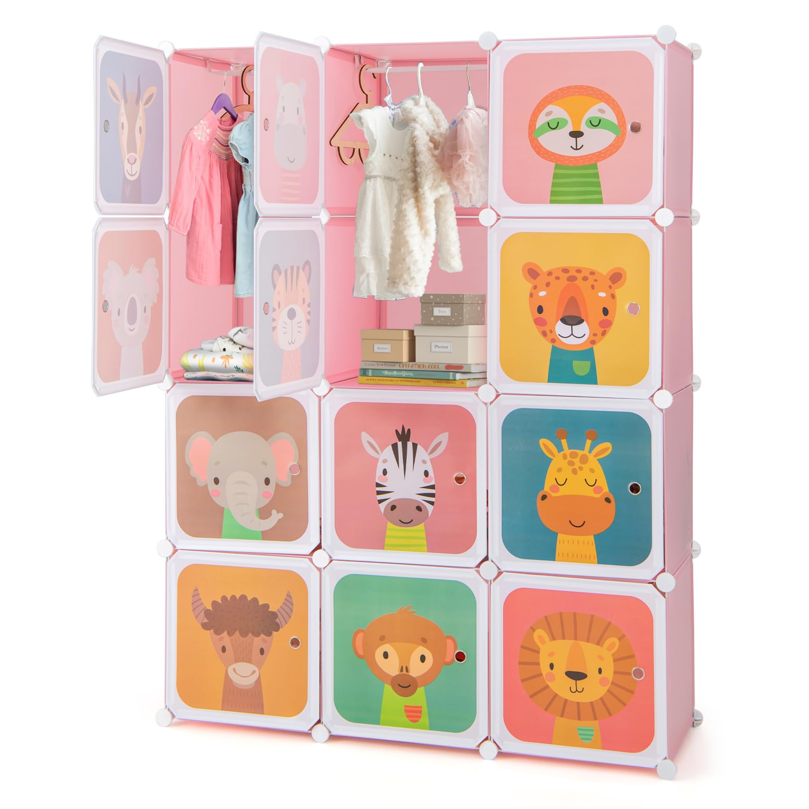 FANTASK Armadio per bambini, armadio modulare in plastica con 12 cubi, scaffale con ante e ganci, armadi per camera da letto (rosa+bianco, 12 cubi)