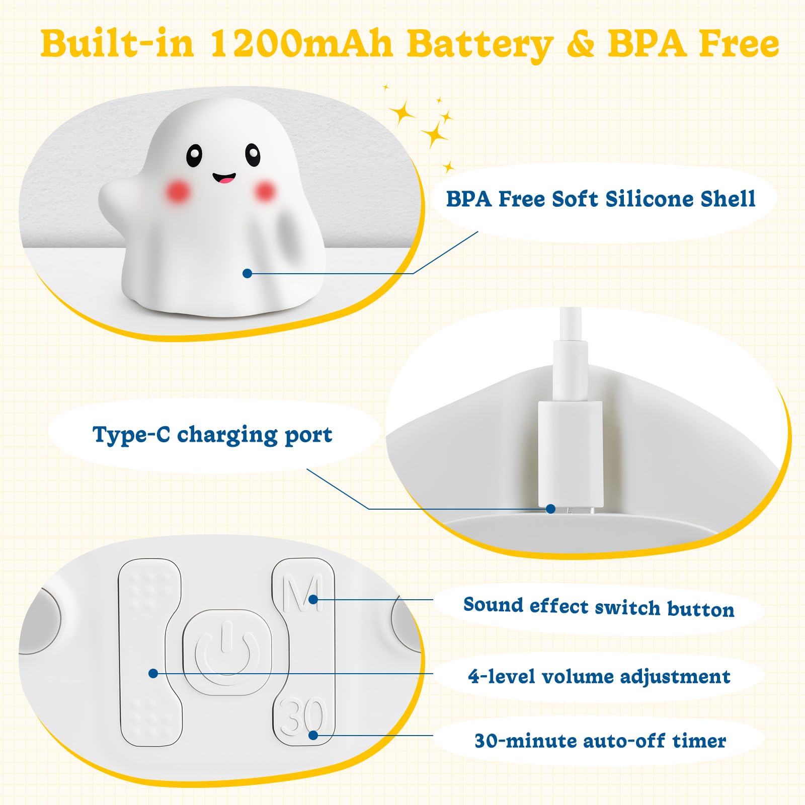 Luce notturna fantasma per bambini, simpatica lampada per cameretta dei bambini, con 19 suoni interattivi, 3 modalità di illuminazione e timer da 30 minuti, luce notturna ricaricabile in