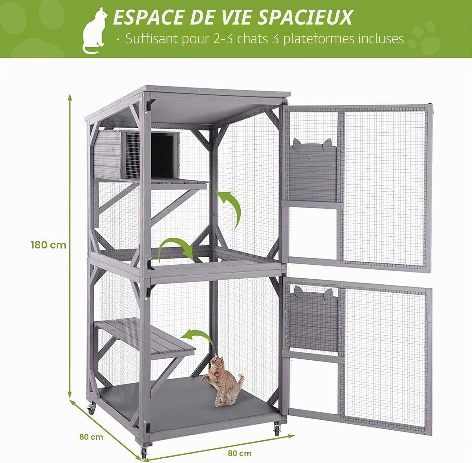 Cage pour chat en bois 180 cm avec roues, barres de renfort et toit imperméable