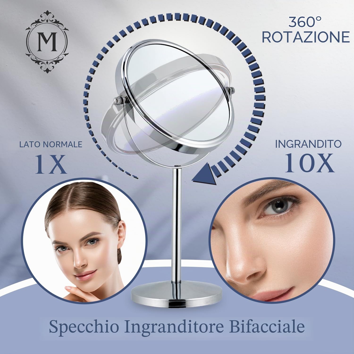 Mirrorvana Specchio Trucco Ingranditore 10X / 1X, Specchio da Tavolo da Bagno, Specchietto Telescopico x10 per Truccarsi, Specchio da Appoggio, 18cm (Cromato)