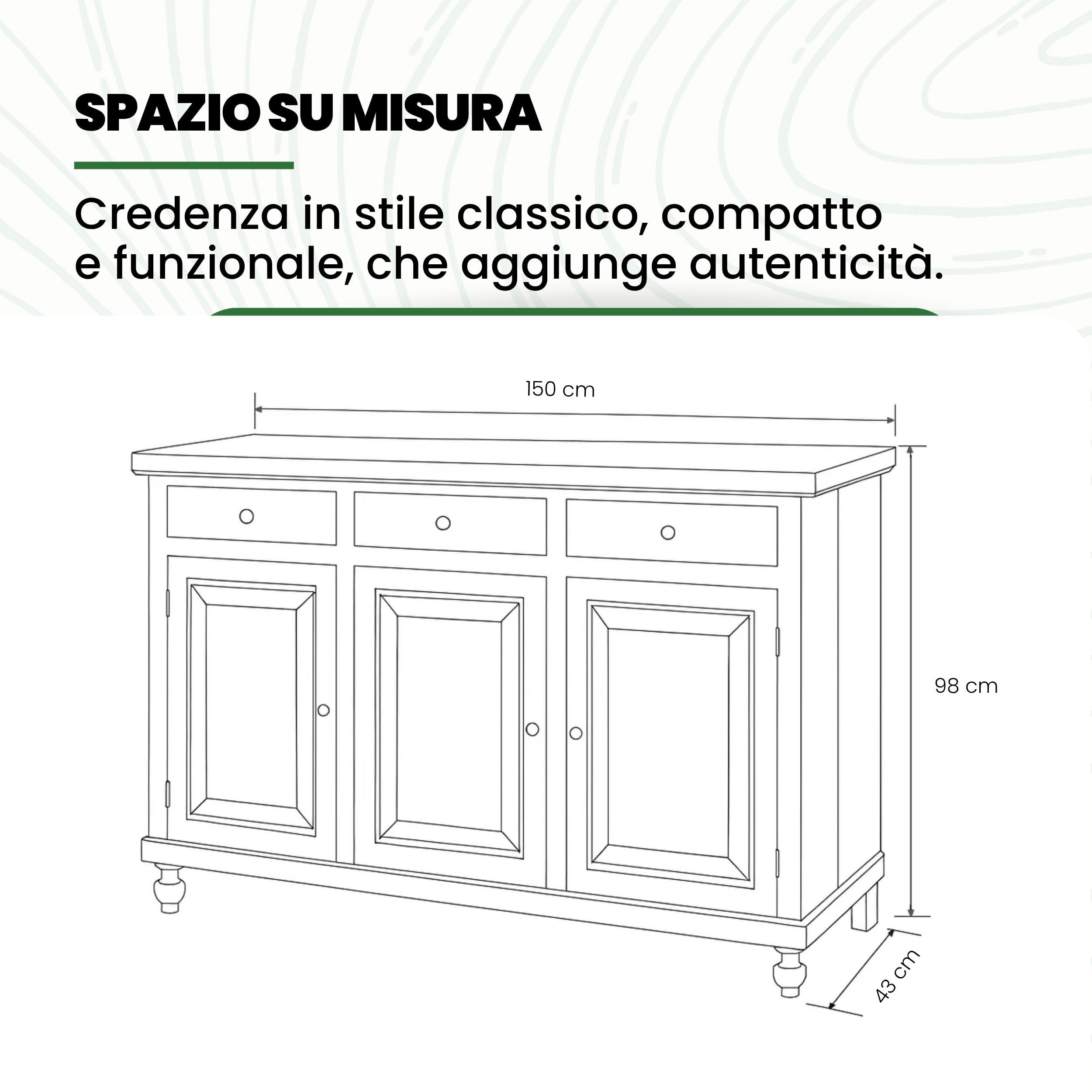 Mar.c.a. Design - Credenza Arte Povera con 3 Ante e 3 Cassetti - Madia Legno 150x43x98 cm con Piedini Made in Italy