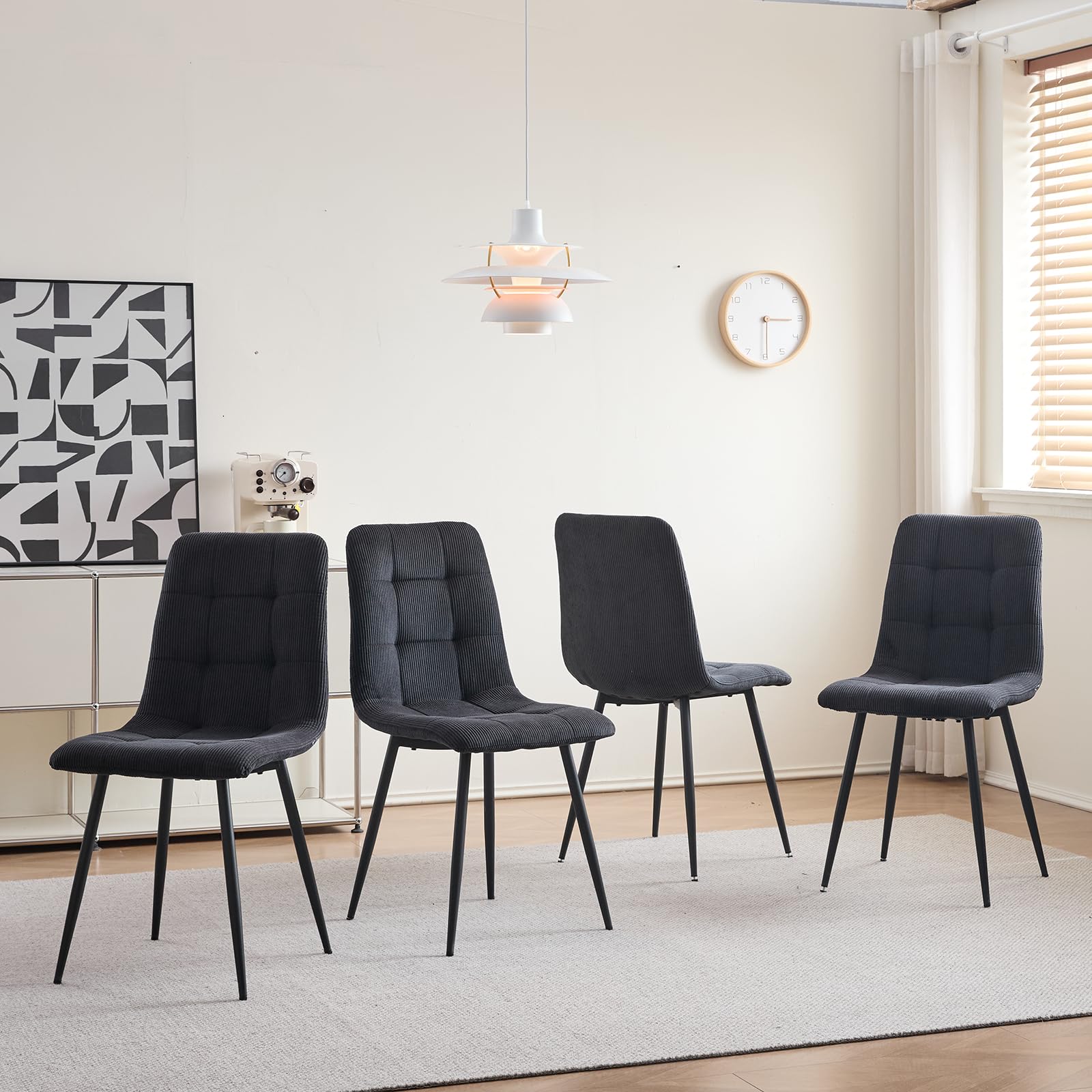 Set di 6 Sedie da Pranzo Nordiche, Sedie da Cucina in Velluto a Coste, Gambe in Metallo Nero, Seduta e Schienale in Spugna ad Alta Densità, Adatte per Soggiorno, Cucina - Nero