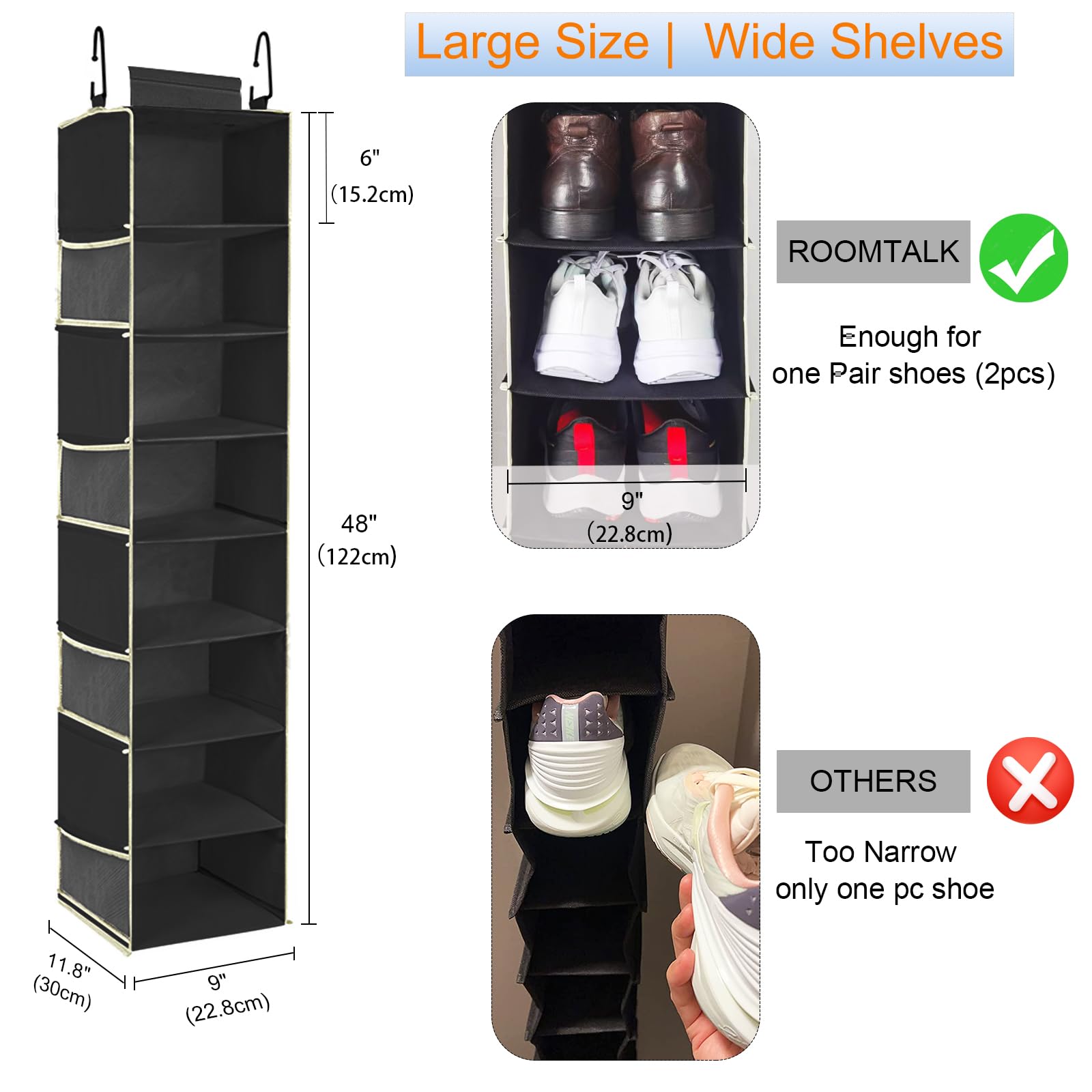Organizador de zapatos colgante de gran tamaño, 8 estantes, organizador de armario colgante con 8 bolsillos laterales, estantes colgantes más anchos para guardar zapatos, ropa, 9 pulgadas de