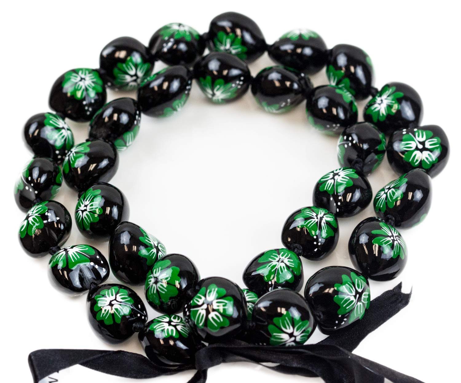 Green Hibiscus Flower Kukui Nut Beads Necklaces - Hawaiian Leis Hand Painted 32 Inches Lei for Men and Women