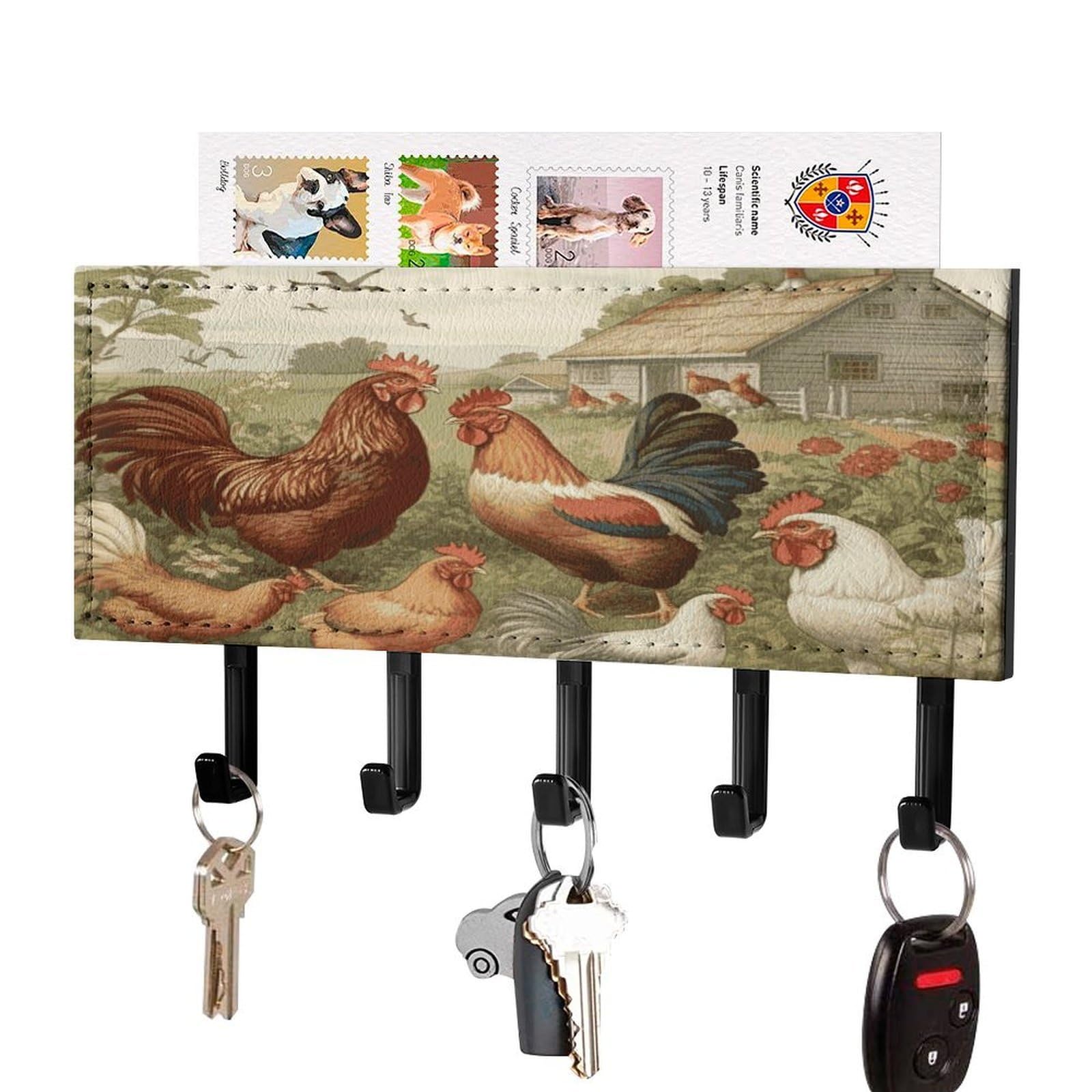 Fekiloot Black-Style Chickens And Farm Key Holder Wall Mount Key And Mail Holder Key Hanger With 5 Hooks Decorative Pu Key Rack Hanging Key Hooks For Wall Living Room Kitchen Bathroom Hallway