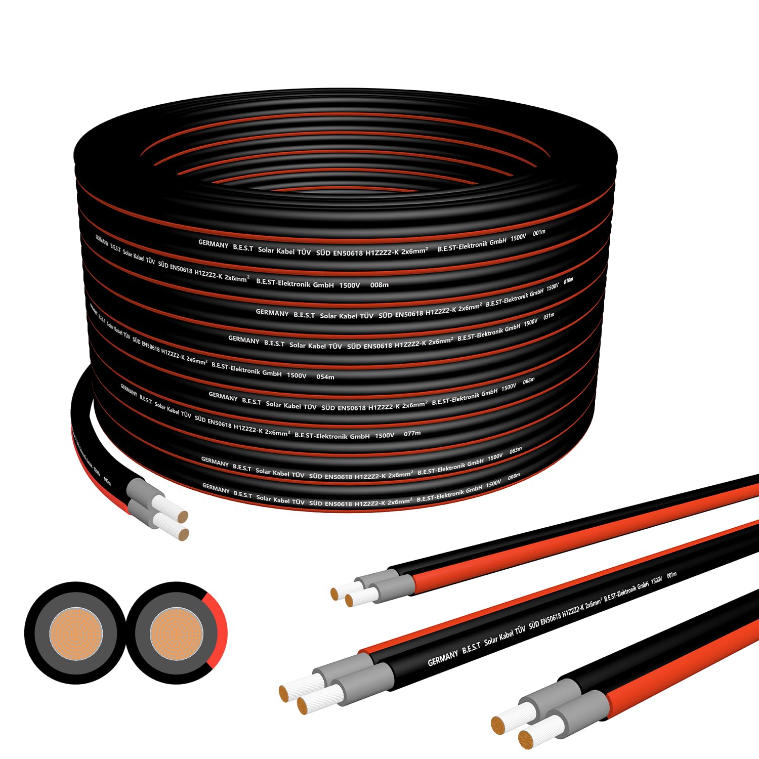 Germany B.e.s.t Kabel solarny Duplex 6 mm2 kabel PV 6 mm2, kabel solarny z miedzi, fotowoltaiczny 50 m, czarny i czerwony