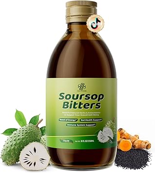 Soursop Bitters Liquid with Black Seed, Turmeric & Moringa-Pure 15 in 1 Herb Soursop Tea for Immune System, Digestive & Gut Health, Antioxidant,Skin Health Support 8 fl oz