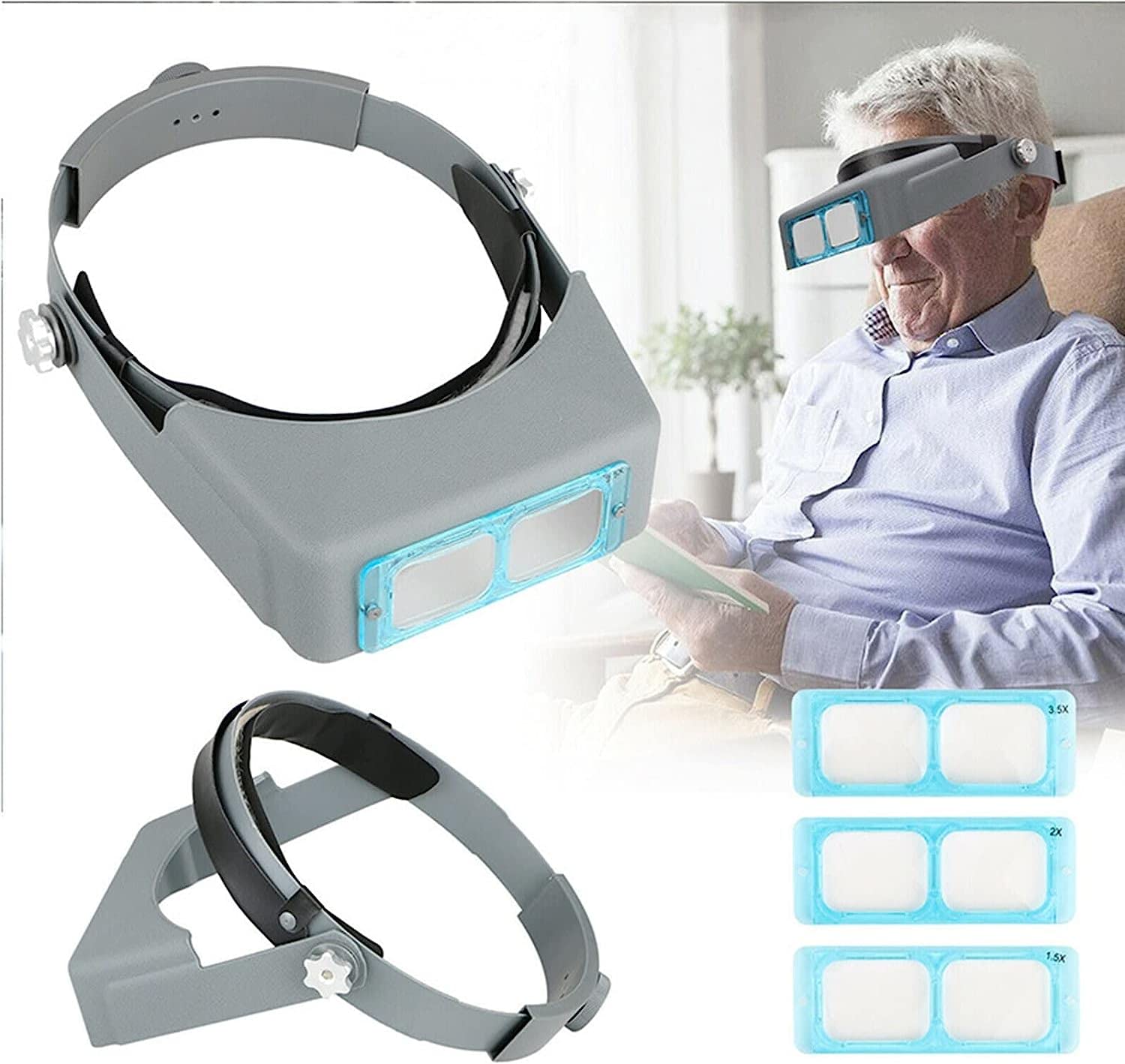 Kopfbandlupe mit 2 LED-Leuchten, freihändige optische Fernglaslupe mit 4 austauschbaren Linsen, zum Lesen, für Elektronikreparaturen und Schmuckreparaturen – doppelter Komfort