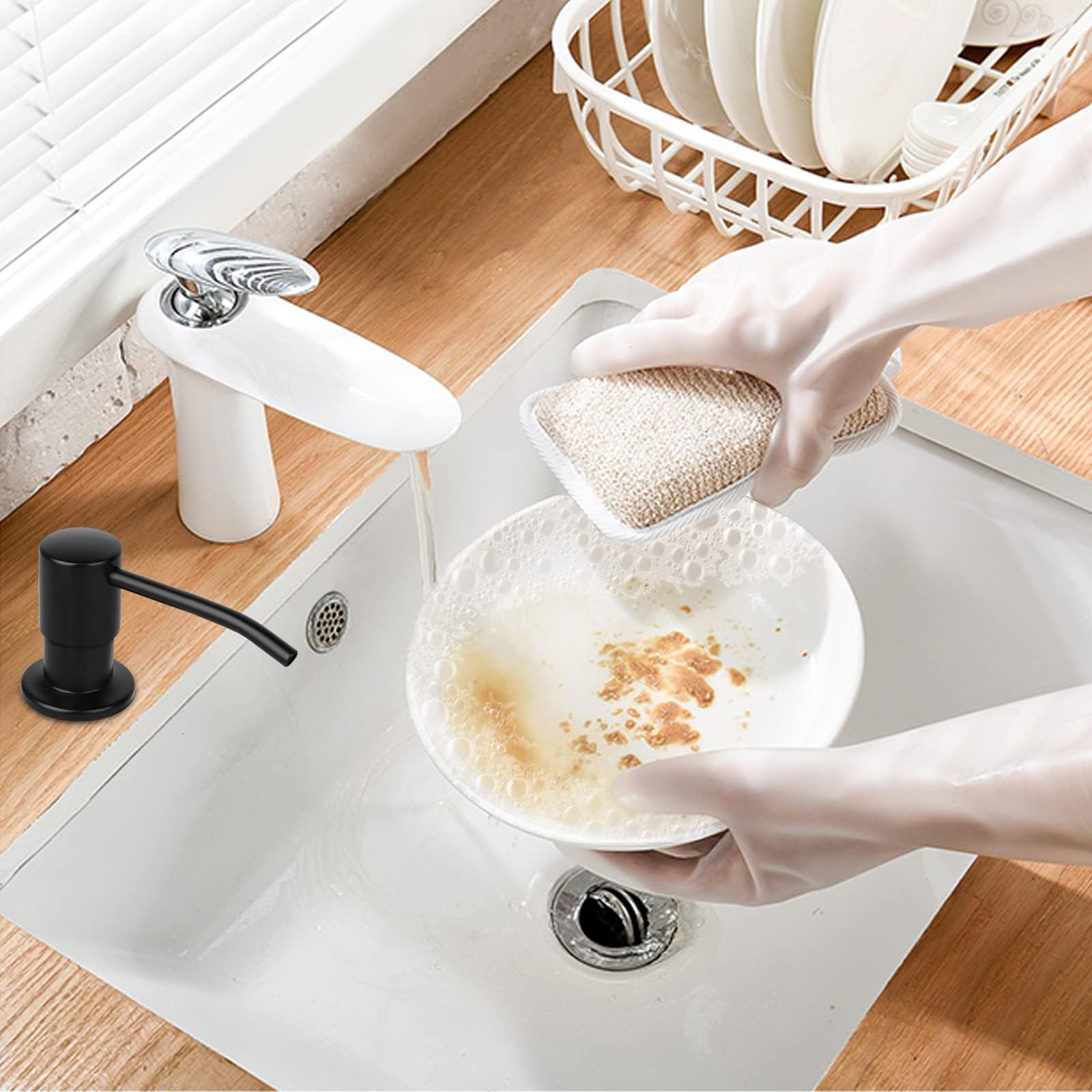 Linkstyle Seifenspender Küche with 120cm Silikonschlauch, Edelstahl Lotionspender Küchen Spülbecken Bad Dusche Zubehör, Pumpe für Flüssige Badezimmer und Spülmittelspender, Schwarz
