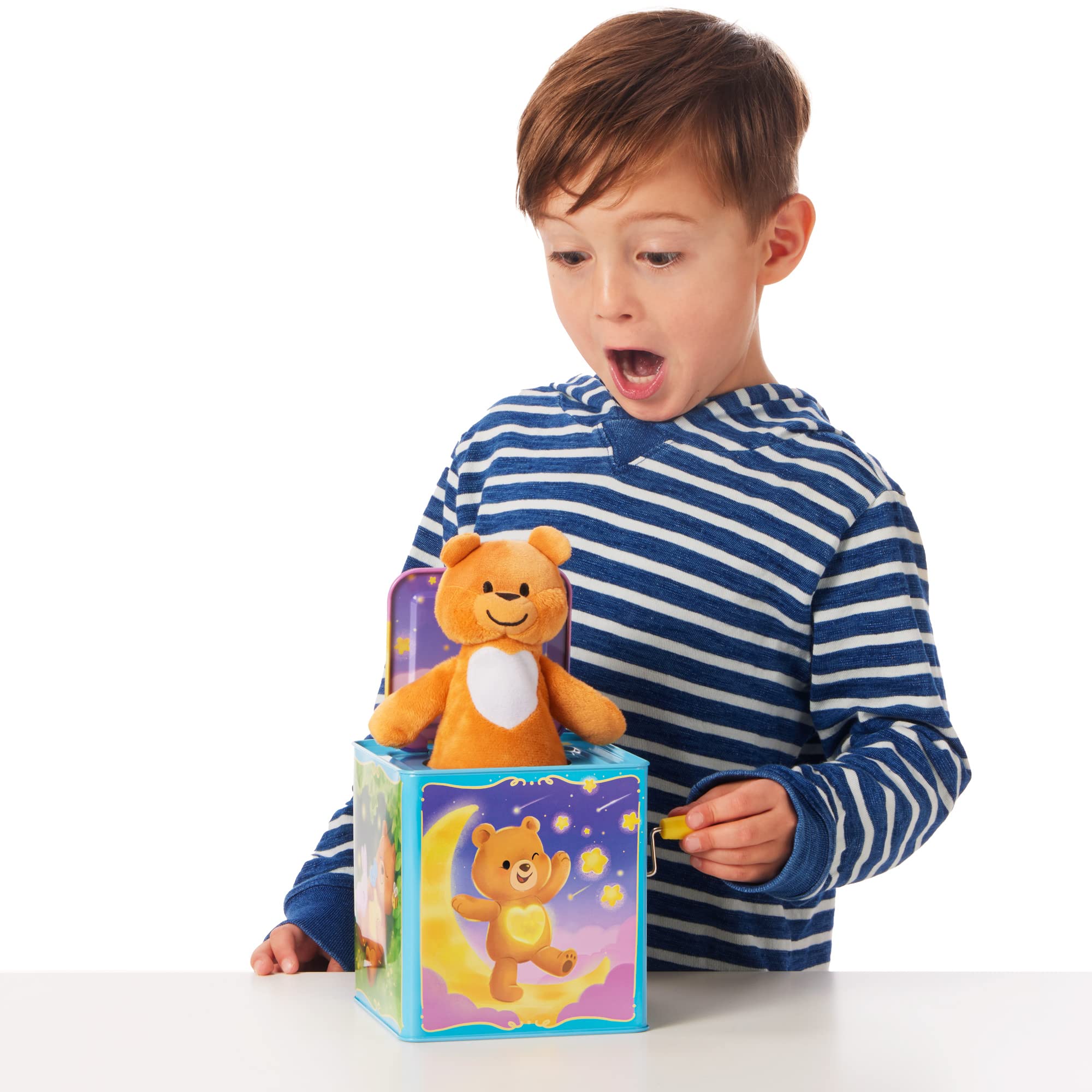 Schylling - Teddybär Pop N Glow Jack in The Box, Größe S, 18+mo, TPGJB, mit Blechdose, 15,2 x 15,2 x 16,5 cm, für Kinder ab 18 Monaten