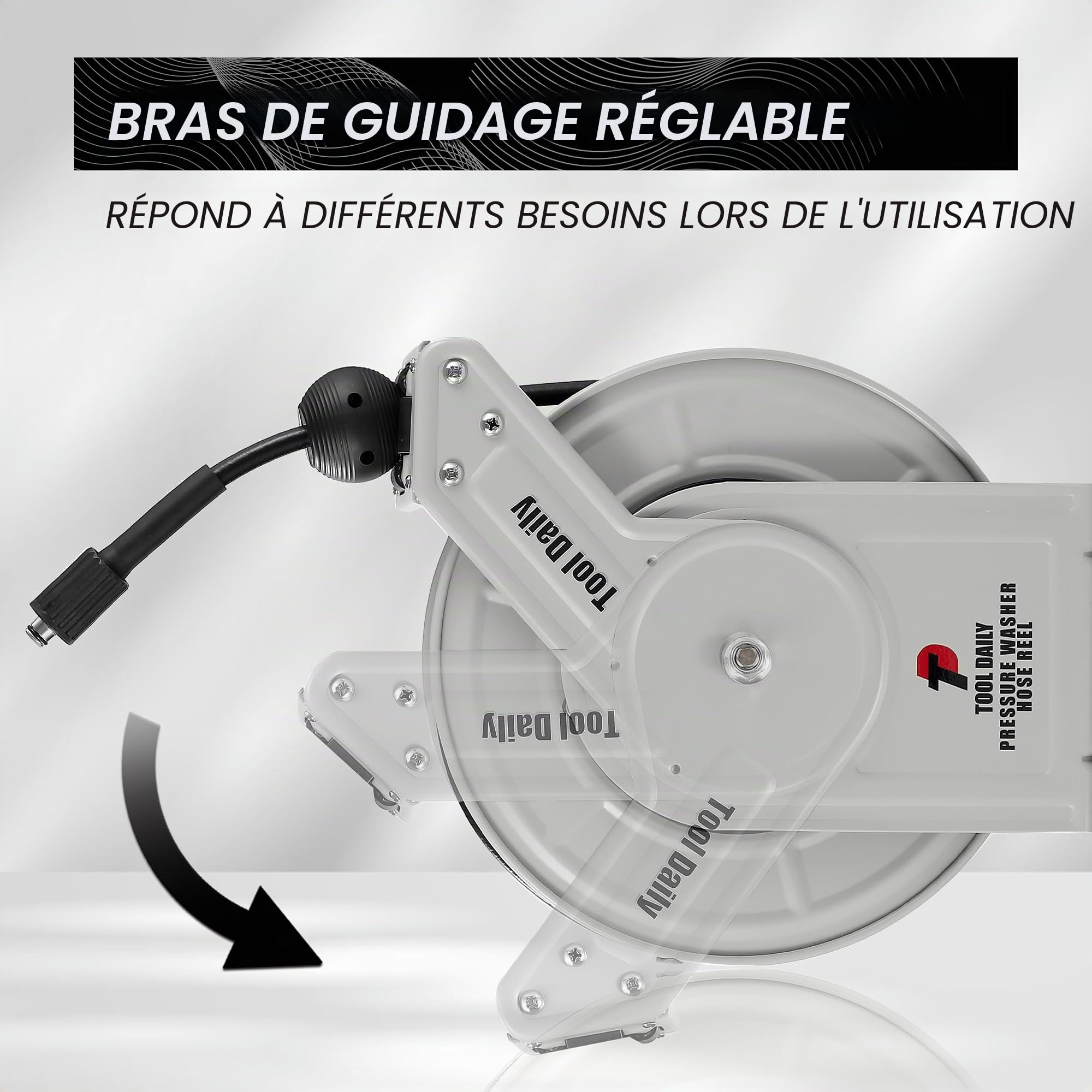 Tool Daily Enrouleur de Tuyau Rétractable pour Nettoyeur Haute Pression, 18m x 1/4'', Enrouleur de Tuyau Haute Pression Robuste 250 bar (3600 PSI), Fixation Murale ou au Sol