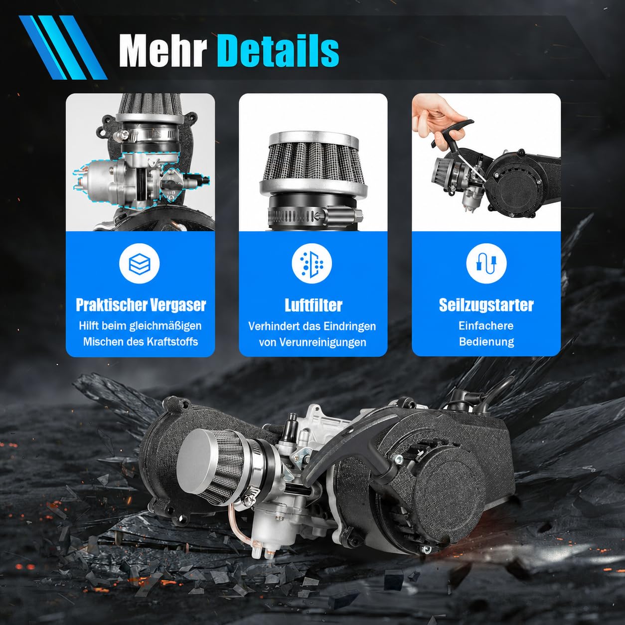 50ccm Motor 49ccm 2-Takt Pocket Bike Motor mit Vergaser, Mini Cross Engine ATV Quad Dirtbike Motoren Seilzugstart Einzelzylinder