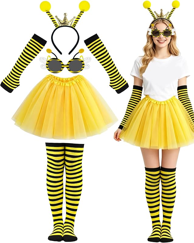 Disfraz de abeja para mujer, tutú de abejorro, diadema, medias, Cosplay de Halloween | Traje de abeja con pollera tutú, diadema de antena, lentes de sol, calentadores de brazos y medias hasta los muslos para cosplay y fiestas de adultos.