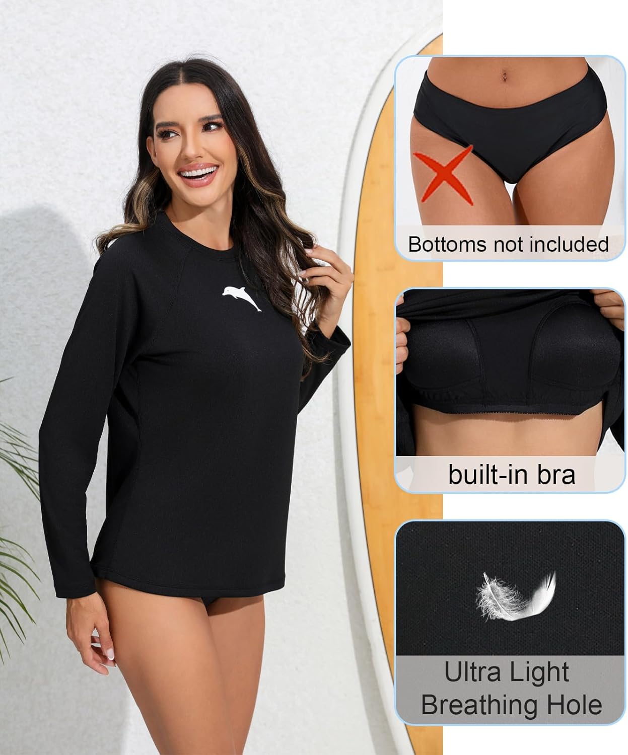 Halcurt Women's Long Sleeve Rash Guard Swim Shirt with Built in Bra Lightweight UPF50+ Quick Dry Swimsuit Top - Image 4