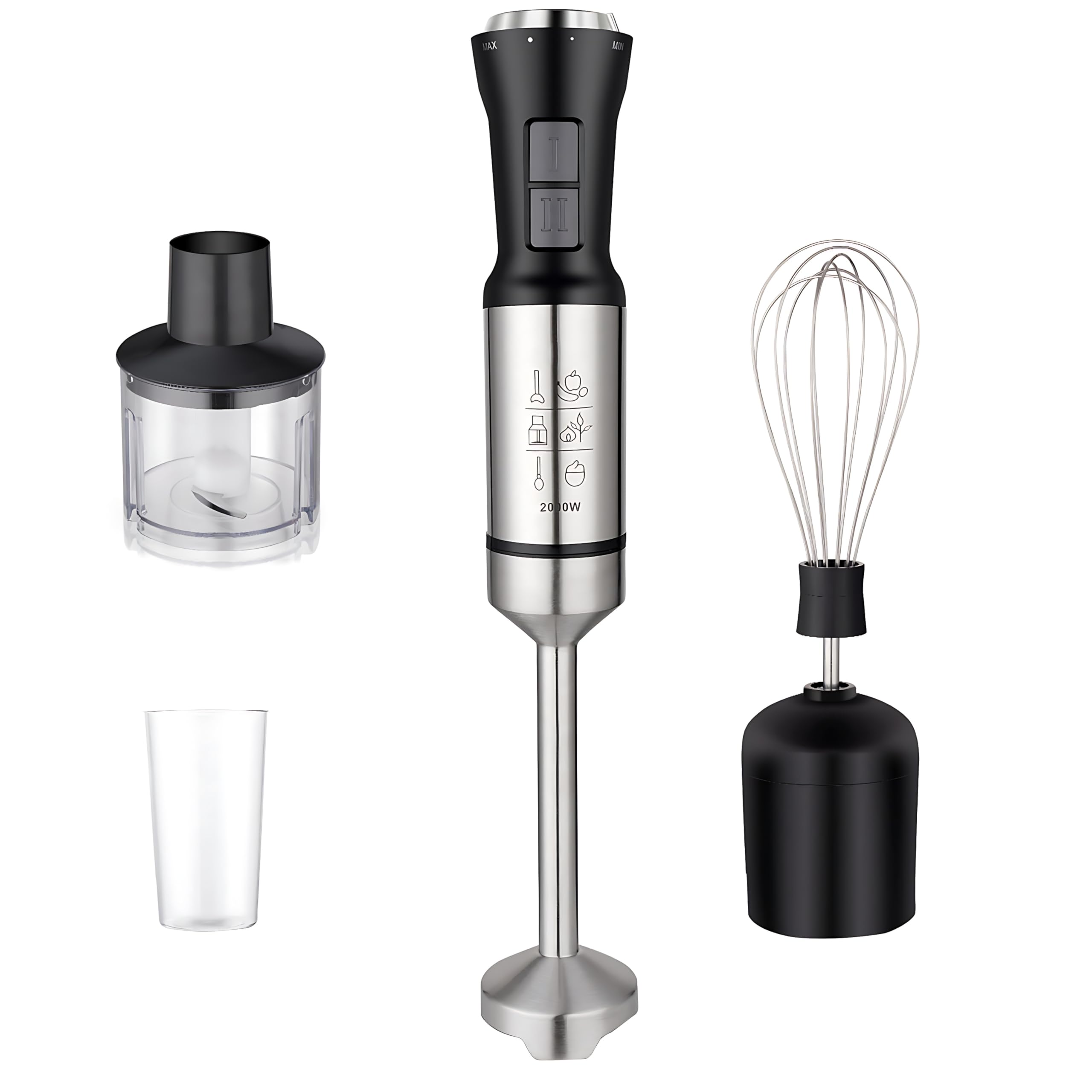 Blender ręczny 2000 W, blender kielichowy 4 w 1, zakrzywione 4 ostrza ze stali nierdzewnej, duże pokrętło sterujące z 2 prędkościami i ubijaczką do jajek, kubek do miksowania 700 ml