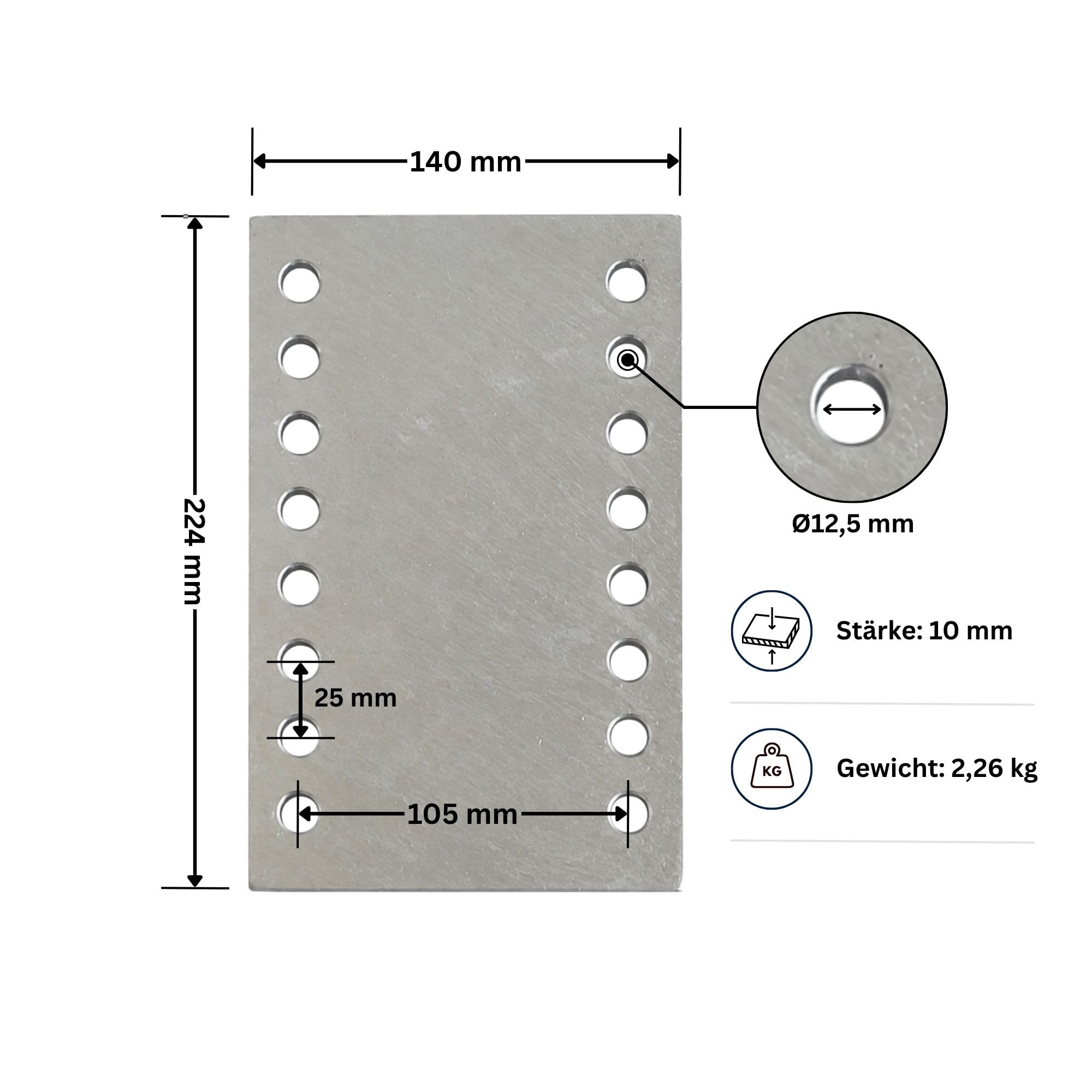 Adapterplatte für Stützraderhöhung 224 x 114 x 10 mm – Verzinkte Stahlplatte mit 16 Bohrungen Ø12,5 mm – Höhenverstellung für Anhänger Stützrad