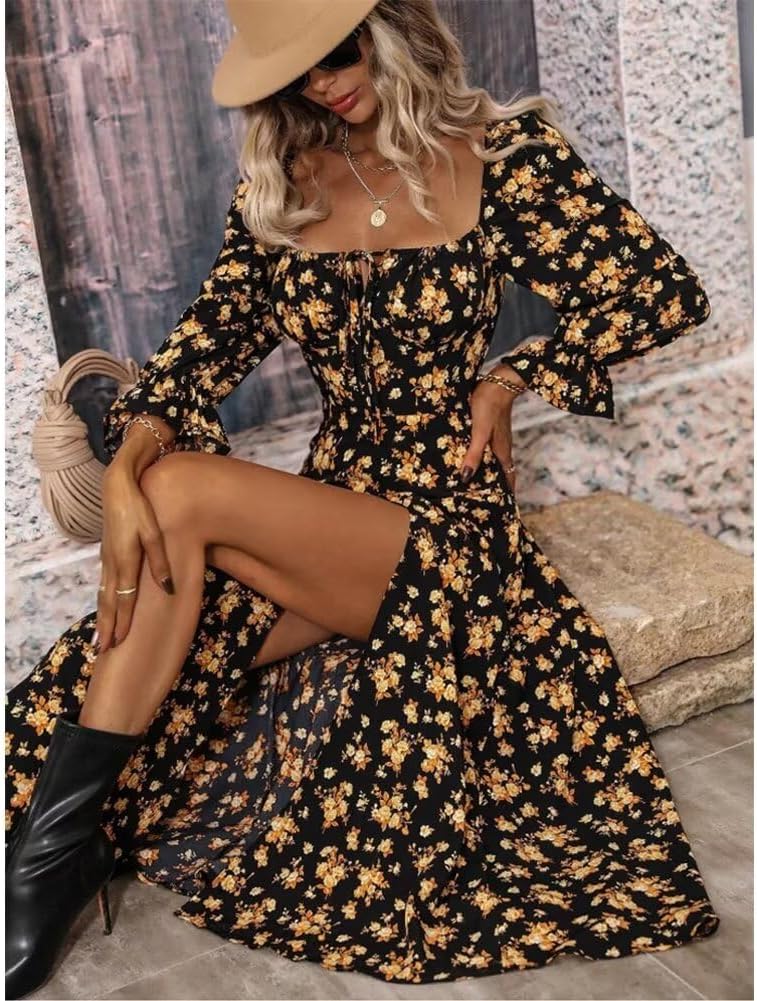 Women’s Floral Square Neck Maxi Dress Bubble Long Sleeve Side Slit Flowy Boho Dresses - Image 3
