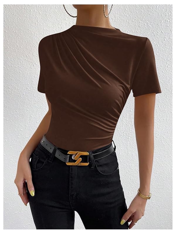 SweatyRocks Women's Ruched Mock Neck T Shirt Short Sleeve Basic Tops Coffee by SweatyRocks - Used condition - Image 3