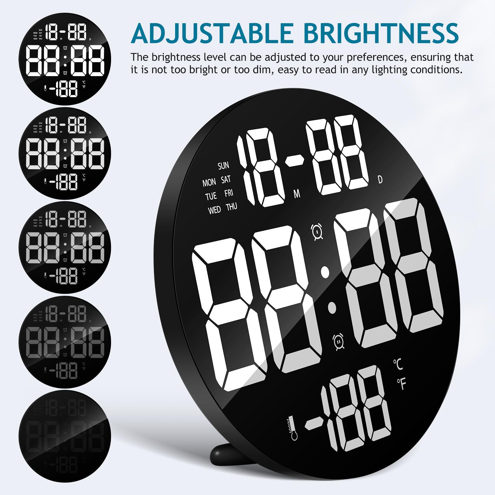 UPKOCH LED Digitale Wanduhr Rund aus Kunststoff mit Fernbedienung und Abnehmbarem Ständer Große Anzeige Duale Platzierung für Schlafzimmer und Wohnzimmer
