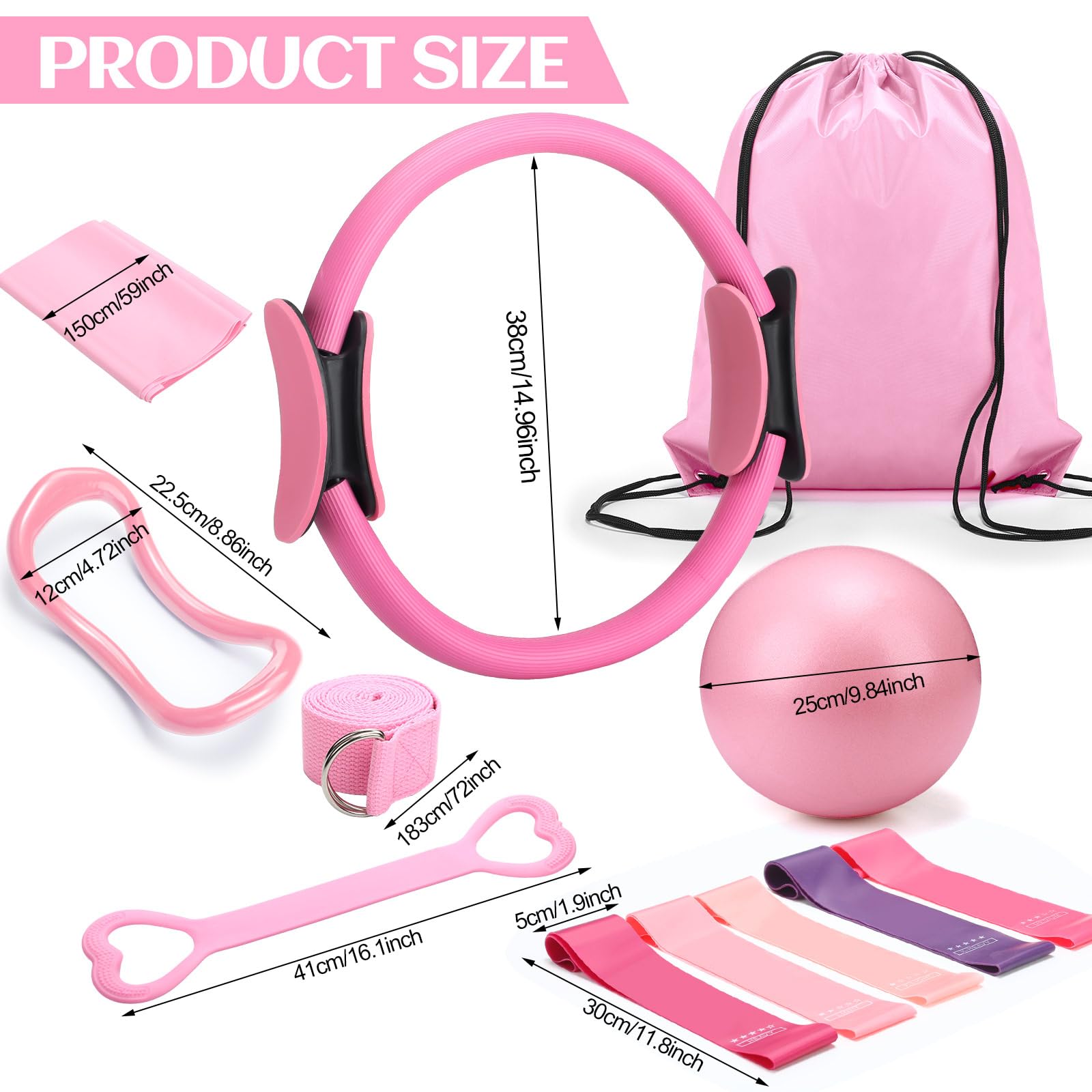 RoundFunny Set of 18 Pilates Ring Essential Kit for Women Pilates Ring and Ball Ankle Resistance Band Yoga Strap Socks Mat Arm Stretcher Latex Tube Gym Back Bag Exercise Equipment for Workout: Pink