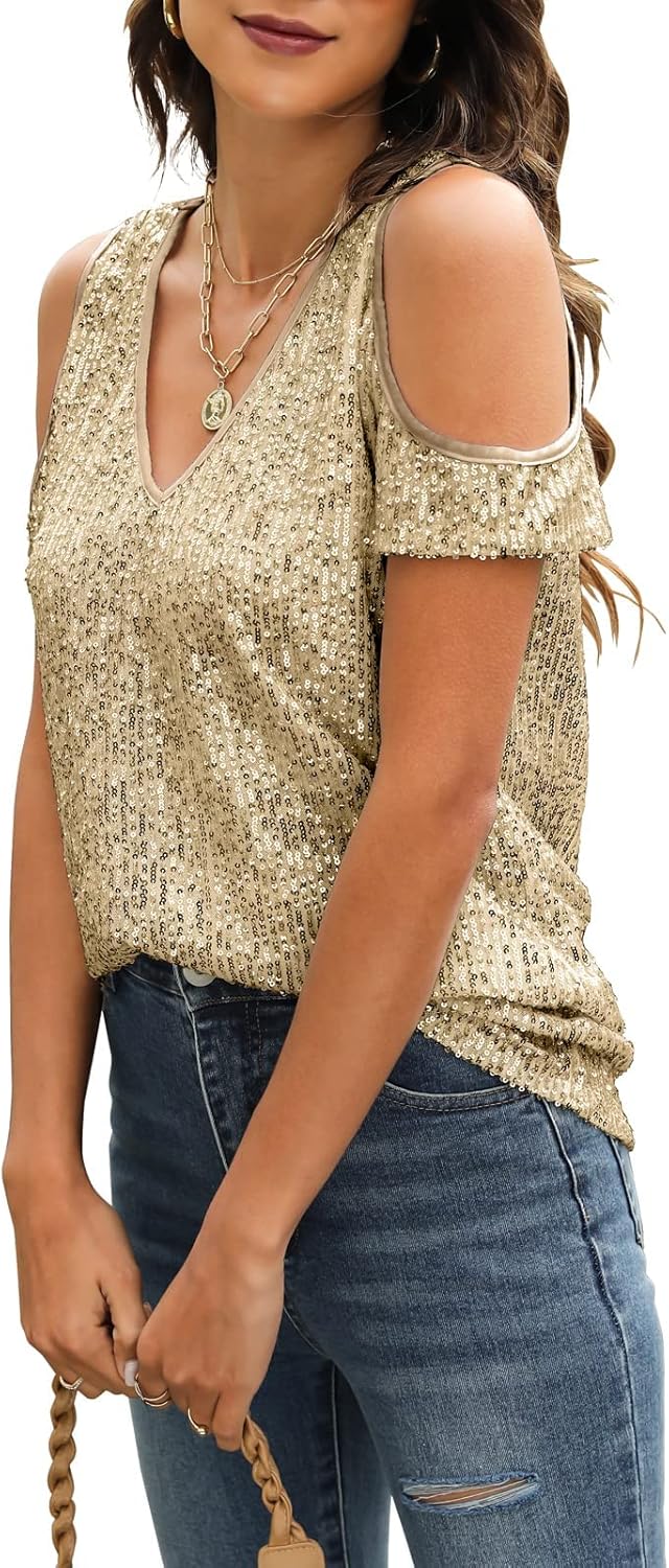 Sequin Tops Women Sparkly Shirt: Party Top Sparkle Shirts Glitter Cold Shoulder V Neck Blouses Evening Club Outfits - Image 4