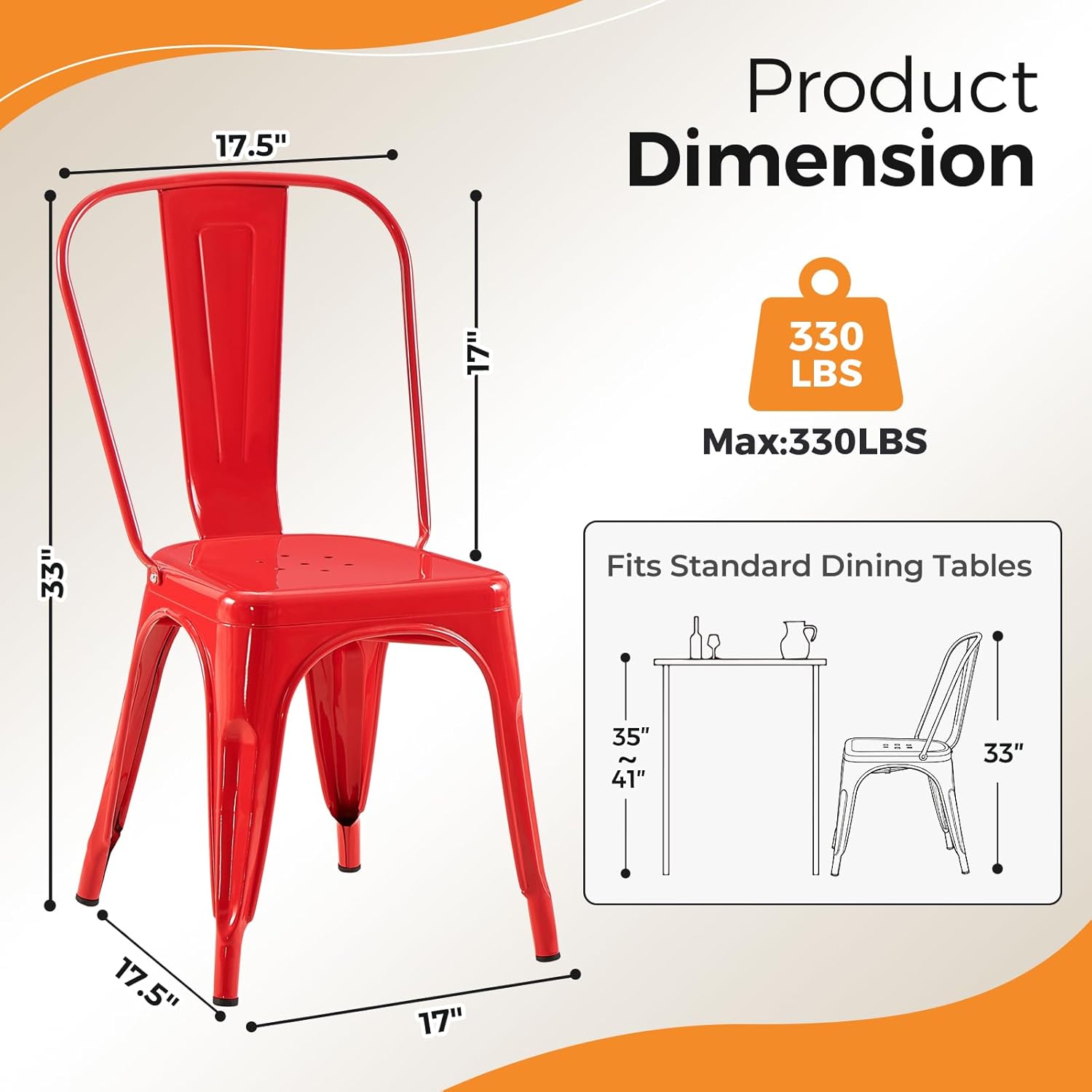 Metal Dining Chairs Set of 6, Stackable Tolix-Style Chairs with Back,Designed for Everyday Indoor Dining,Kitchen & Dining Room (Red)