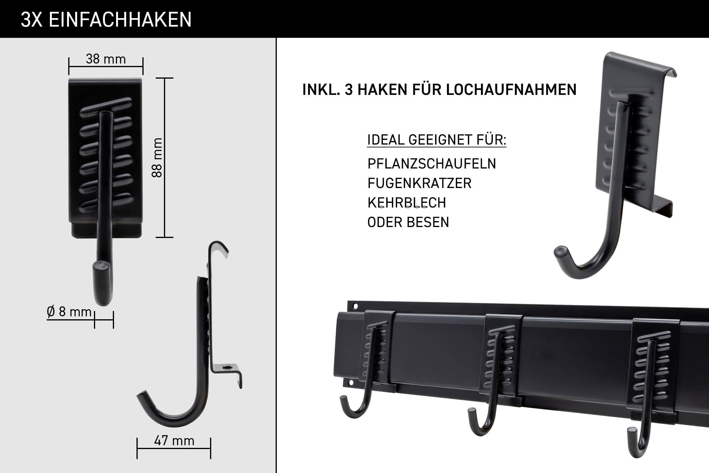36 teiliges Gerätehalterung Set bestehend aus 3 Stahl Schienen + 7 Halter + 2 Nylonklettschlaufen und Befestigungsmaterial - Stahlblech schwarz lackiert mit gummierten Halterarmen