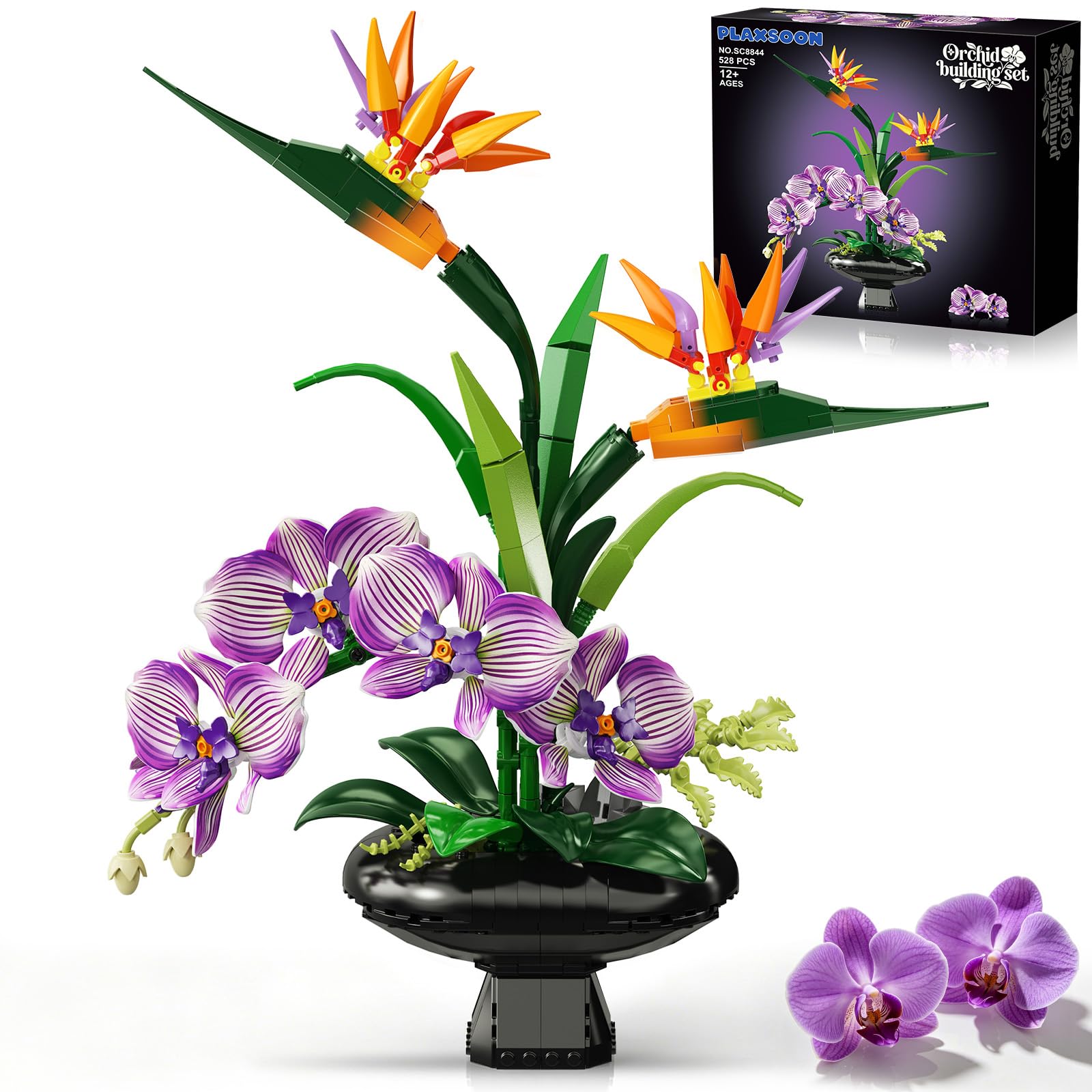 PLAXSOON Orchid Flowers Building Set for Adults, Bird of Paradise & Orchid Botanical Collection with Vase, Artificial Flower Home Office Decor, Gift for Her Women Plant Lovers (528 PCS)