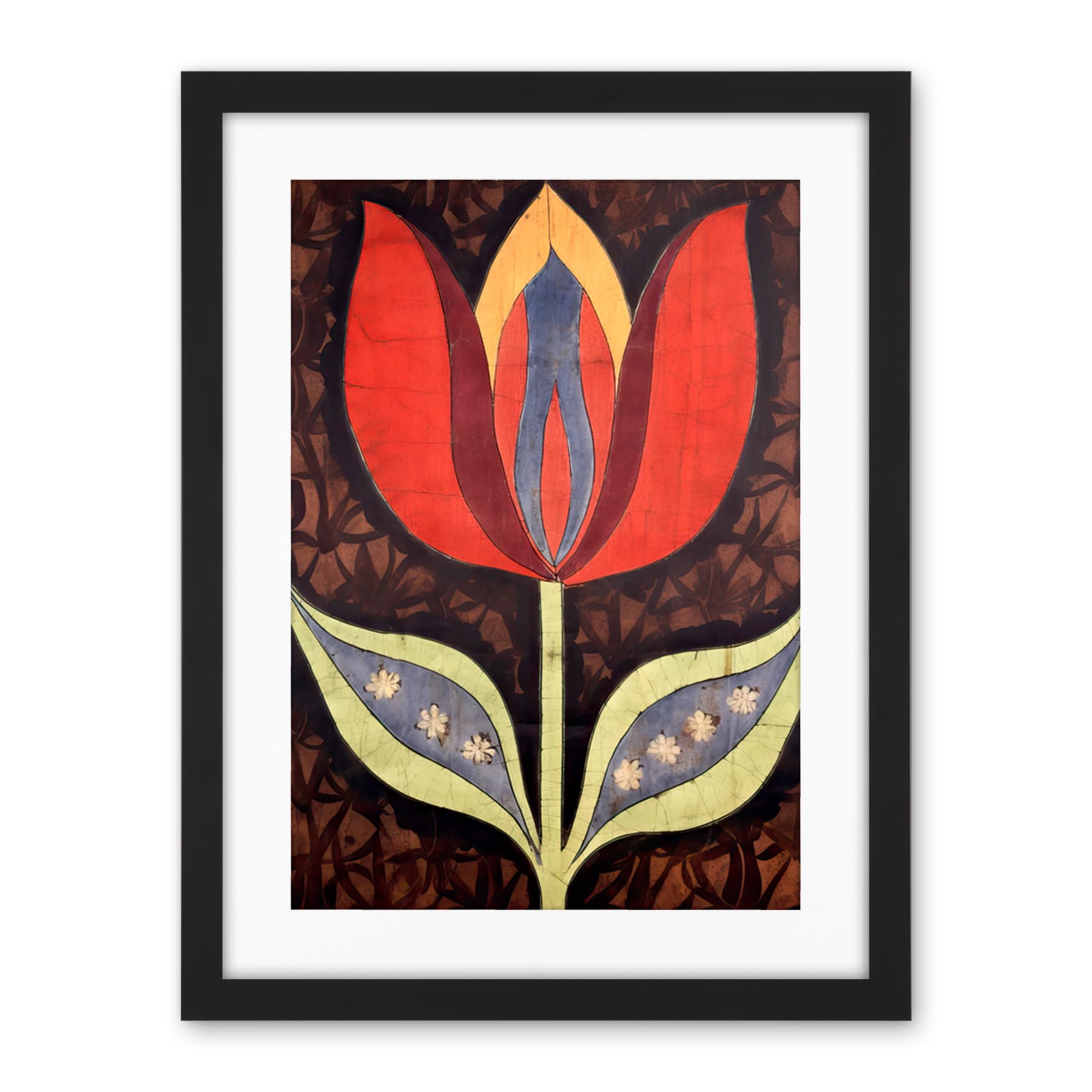 Artery8 A Single Tulip Flower Batik Style Pattern Folk Art Artwork Framed Wall Art Print 18X24 Inch