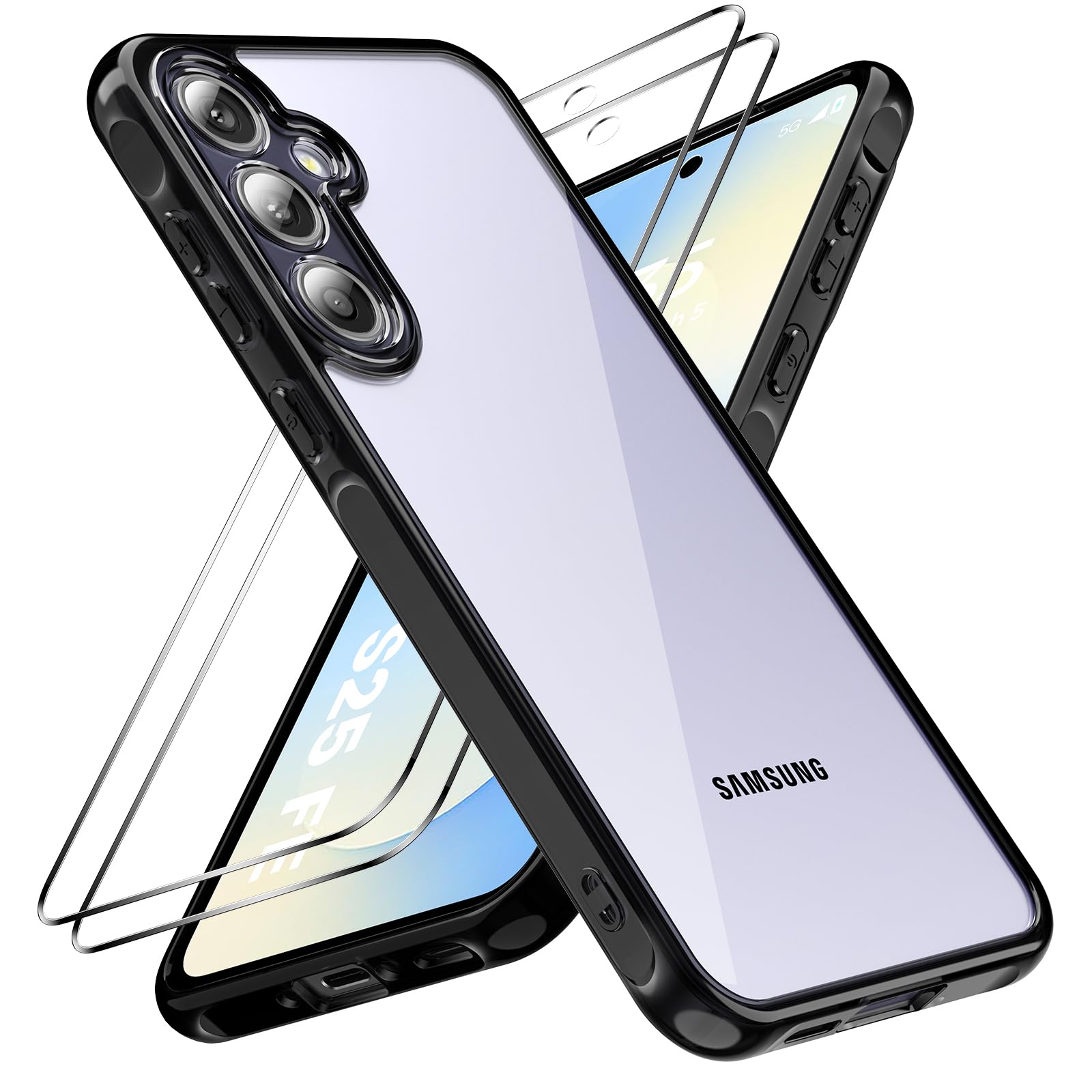 caslord Hülle für Samsung Galaxy S25 FE 5G mit 2 Stück Panzer Schutz Glas, [Kameraschutz] [Stoßfest] Handyhülle, Schwarzer TPU-Rahmen + transparente Rückseite aus PC, Anti-Fingerabdruck -Schutzhülle