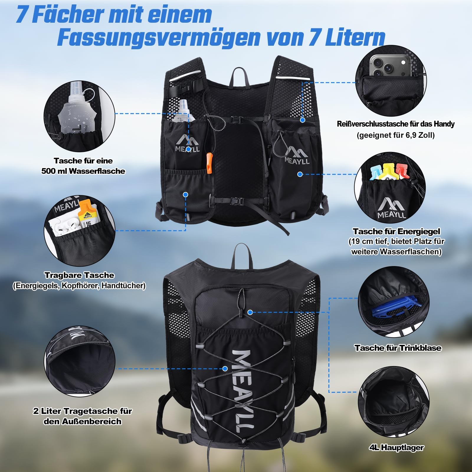 Laufweste für Damen & Herren mit 500 ml TPU Trinkflasche – Leichter und bequemer Laufrucksack, 7 L Volumen, Kompatibel mit 2 L Trinkblase, ideal für Trailrunning, Radfahren, Wandern und Marathon