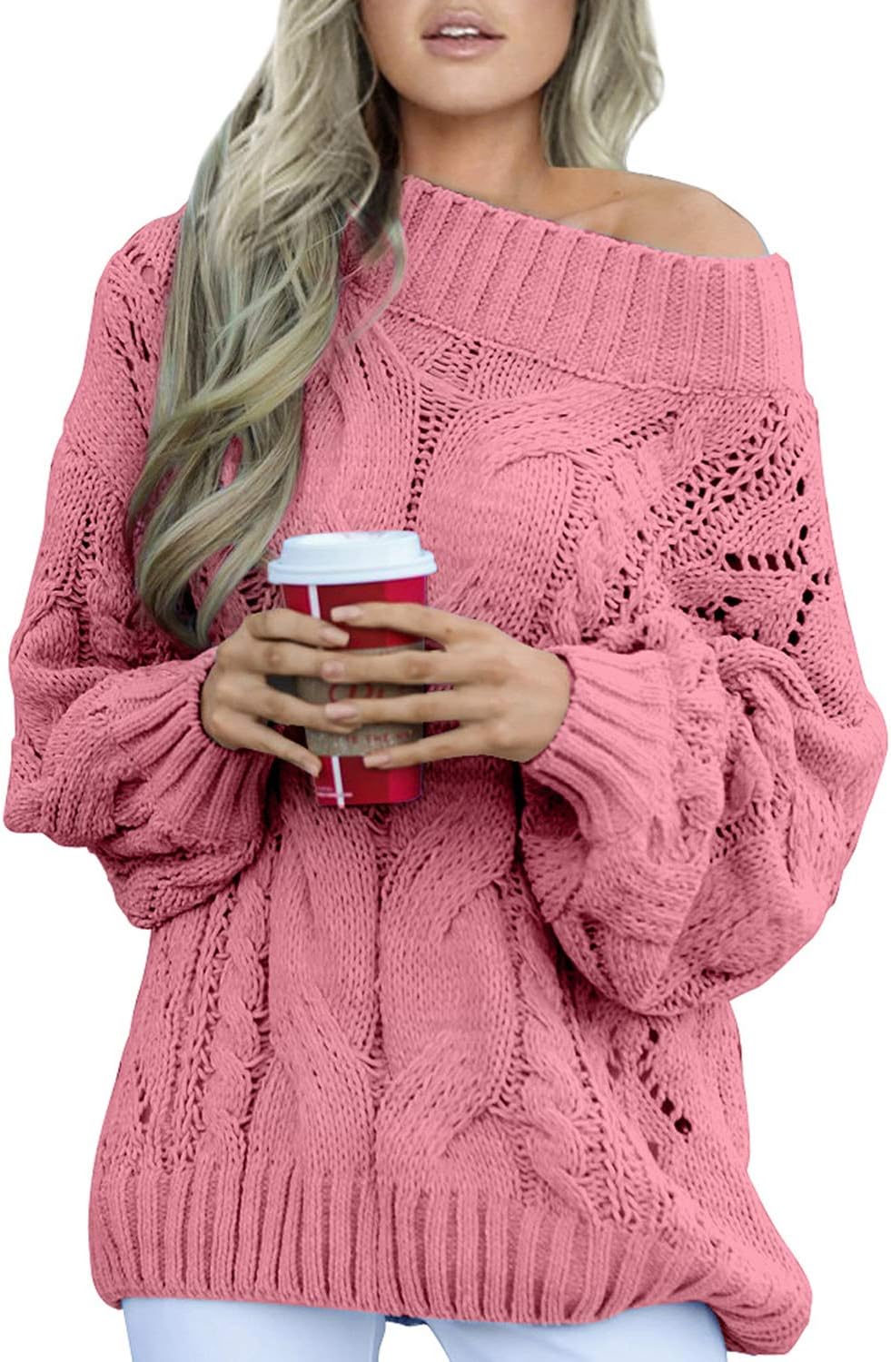 BLENCOT Women Warm Long Pullover Off Shoulder Twist Knitted Jumper Plus Size Sweater, Z-pink, 18-20