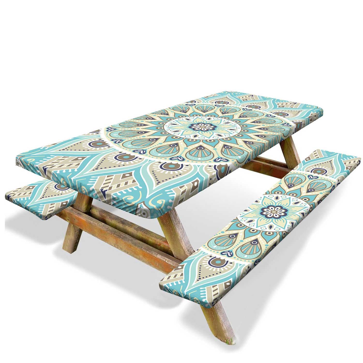 6ft Picnic Table Cover with Bench Covers, 3 Pcs Waterproof Windproof Camping Tablecloth - Elastic all Around - Table Covers for Camping Trip Patio