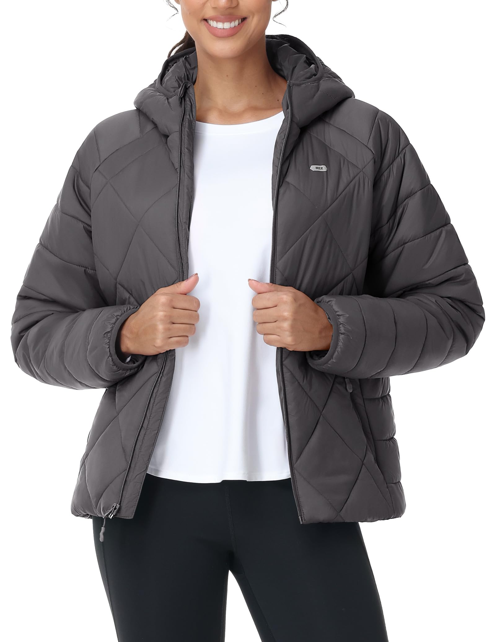 MIER Piumino da donna leggero, ripiegabile, trapuntato, con cappuccio e tasche, caldo invernale, imbottito, impermeabile