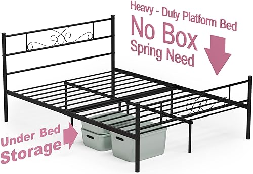 Miniatura 8 de Weehom - Base de cama metálica de tamaño completo con cabecera, estribo y almacenamiento debajo, listones de acero de 12.7 pulgadas, base de Negro