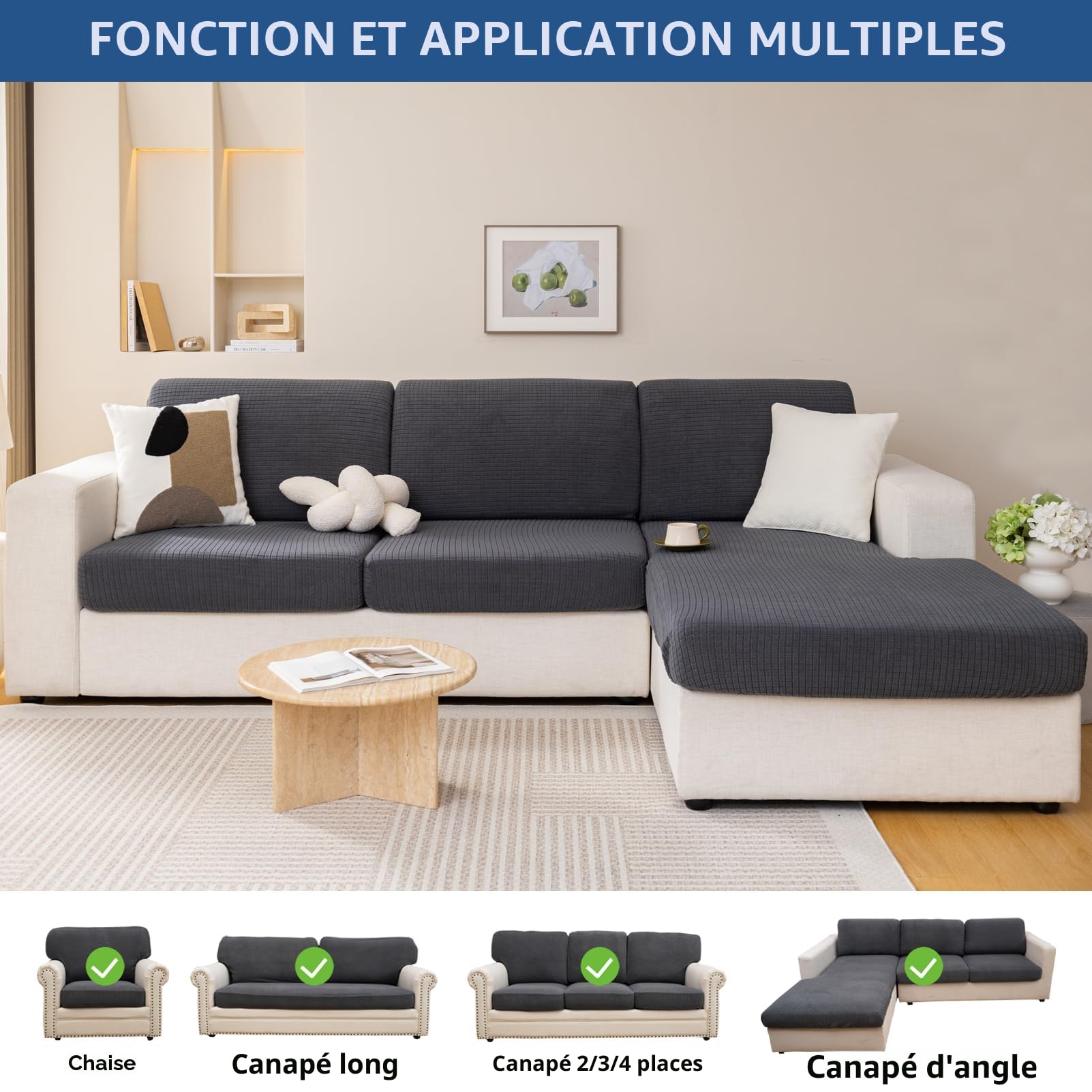 Eismodra Housse élastique de protection de canapé 3 places, en forme de L, gris foncé, pour méridienne (1 pièce)