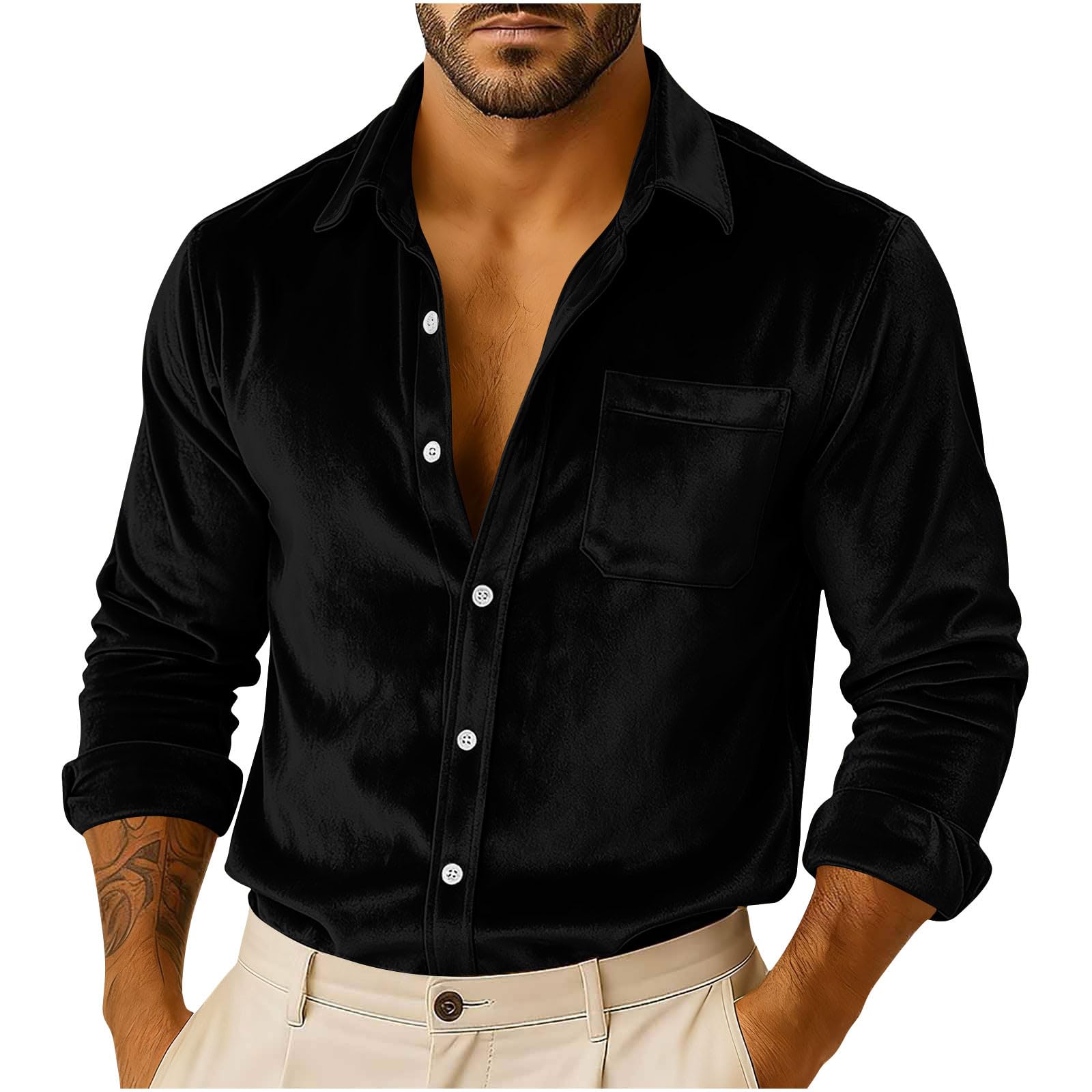 Mens Velvet Dress Shirts Long Sleeve Button Down Formal Shirt Business Prom Party Wedding Shirt Tops with Chest