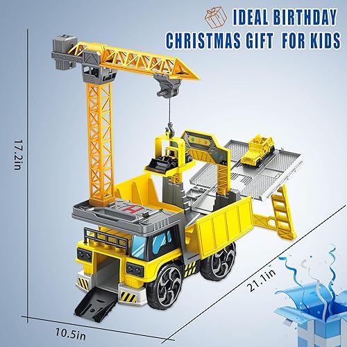 Miniatura 6 de Mostop Juguete de construcción para niños, camión de ingeniería con tractor, grúa, excavadora, cargadora, volquete, helicóptero, oruga, camión