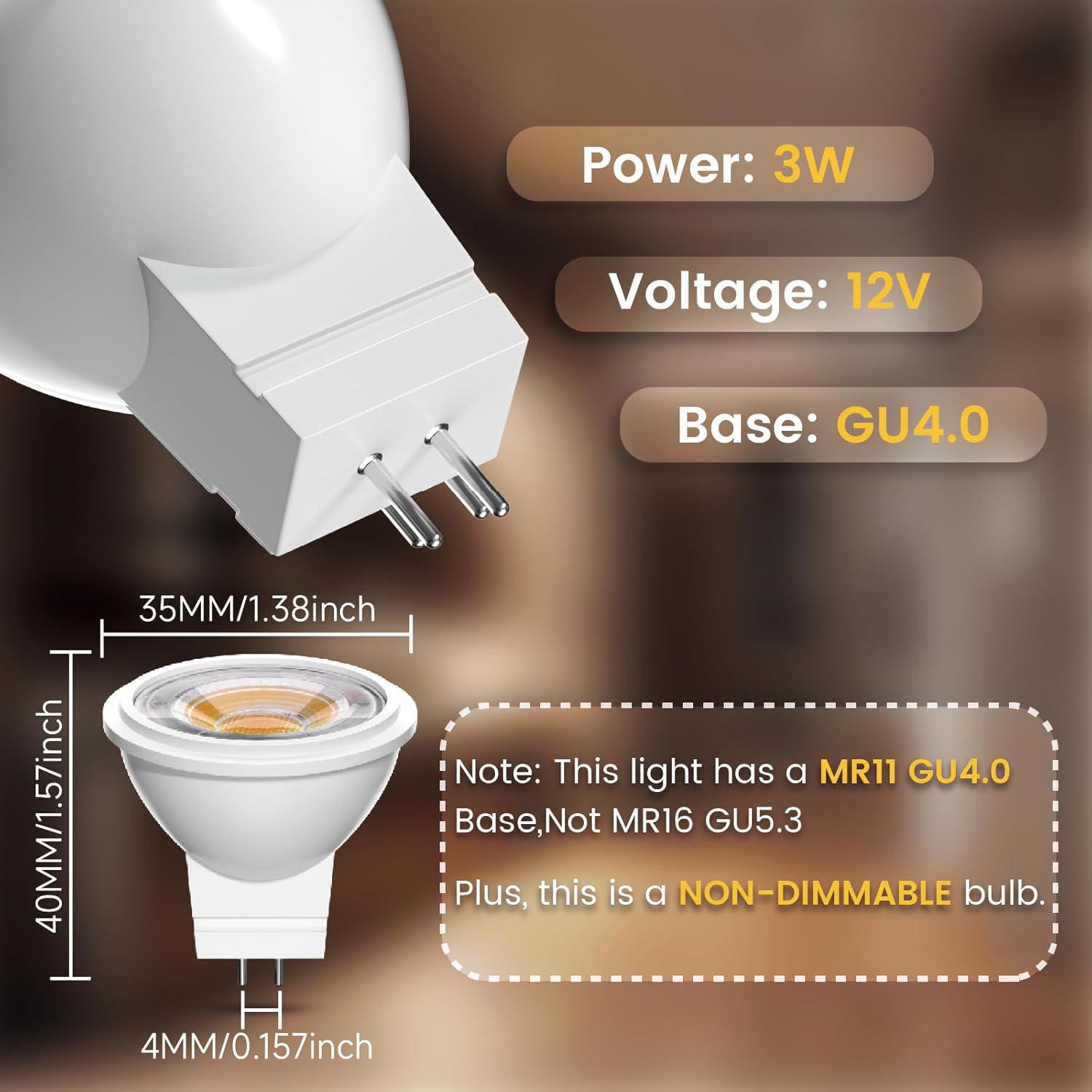 Lustaled MR11 LED Bulb 3W 12V AC/DC Low Voltage Led Landscape Light Bulbs GU4 Bi-pin Non-Dimmable LED Spotlight Bulb Warm White 3000K 270lm,25W Halogen Equivalent for Track Lighting 6Pack