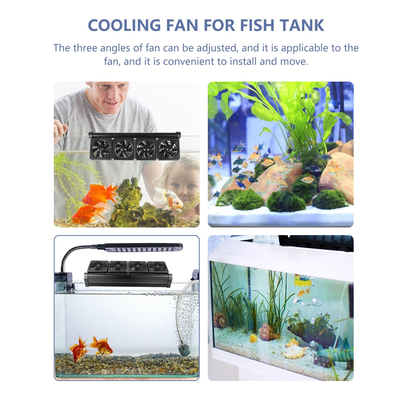 Ventilador de Enfriamiento para Acuario Negro de 4 Cabezales Ajustable | Fiesta Verano, Plástico y Aleación de Aluminio, Ac220 a 12v, Cable 120cm, Sujeción 1, 2cm