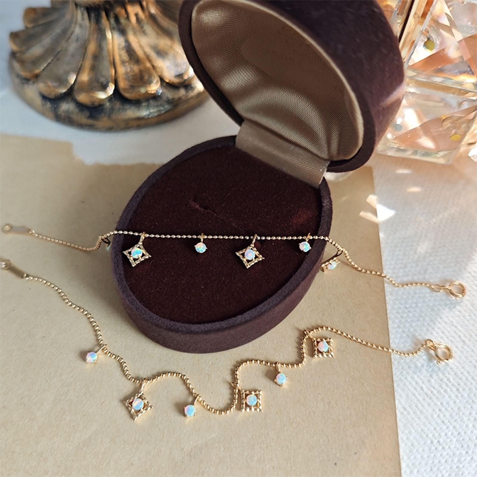 Bransoletka Au 375/585/750 żółte złoto, prawdziwe złoto, biżuteria z opalem, kształt łańcuszka | Złota bransoletka 9K/14K/18K