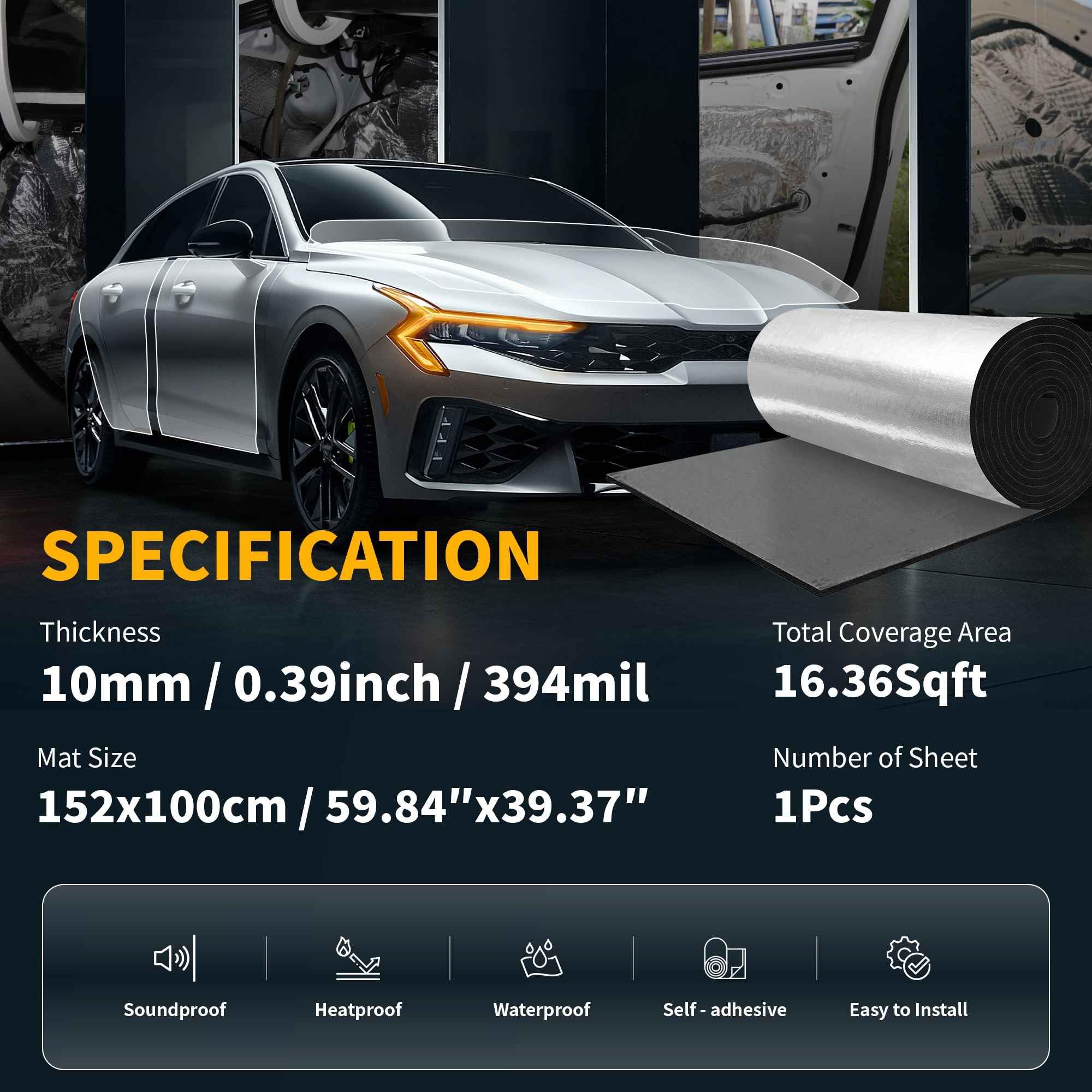 A ABSOPRO Mat De Amortiguador De Sonido Plata 1 Pieza Para Coche | Fibra De Vidrio, Espuma De Celda Cerrada, 152x100cm, 10mm, Autoadhesivo, Retardante De Llama, Para Capó